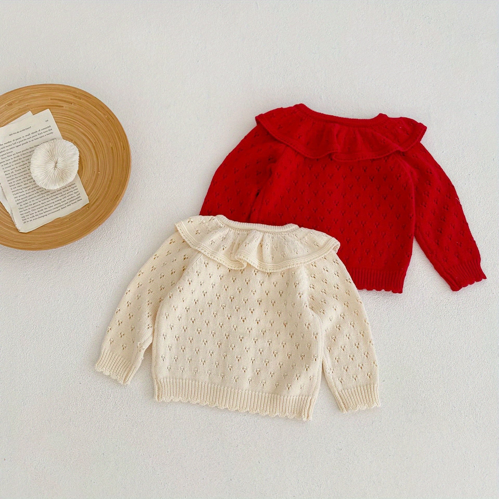 Girls' Jacquard Knit Ruffle Collar Button Long Sleeve Sweater Coat for Fall/Winter Outfits