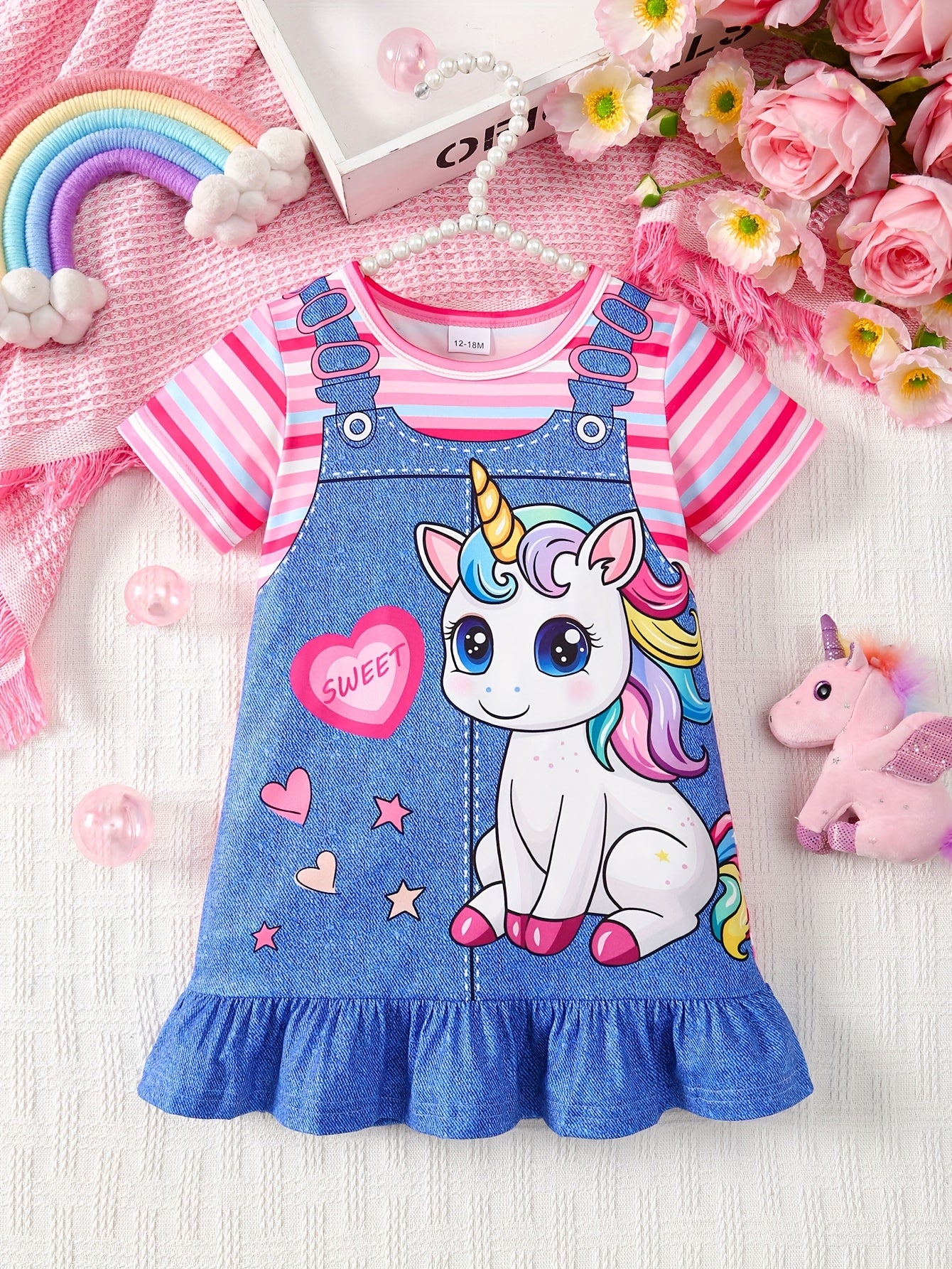 Baby Girl's Summer Casual Dress - Adorable Unicorn & Heart Print with Striped Sleeves, Imitation Denim Shoulder Straps, Flared Ruffled Hem, Machine-Washable Lightweight Playwear, Little Girl Clothes, Easy Dress Kids, Playful