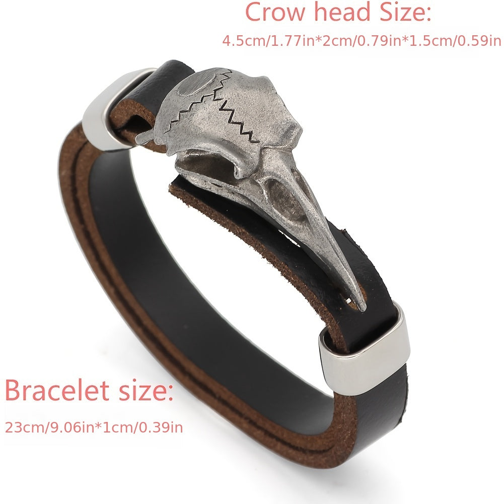 1pc Viking Skull Bracelet - Durable Stainless Steel & Premium Cowhide Leather, Intricate Crow Design, Mens Norse Amulet, Authentic Viking Style Jewelry