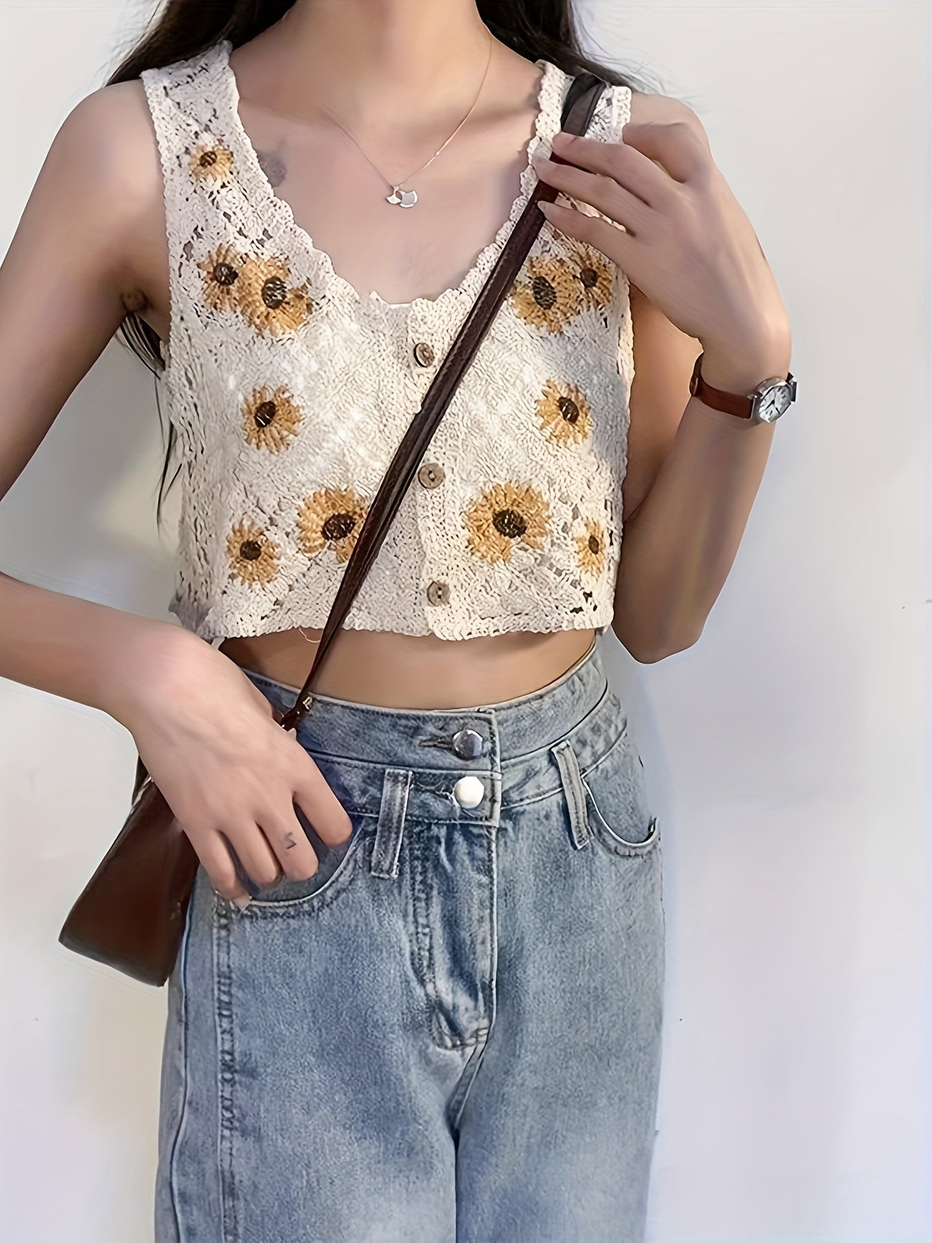 Girls Bohemian Style Knitted Cropped Cardigan Vest, Floral Embroidery With Button Detail, Kids Fashion Outerwear