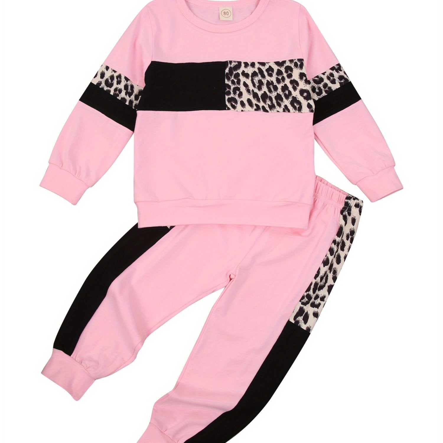 Kids Toddler Baby Boy Girl Clothes Leopard Color Block Long Sleeve Sweatshirt Pullover Tops Pants Set Sweatsuit Casual Fall Winter Outfits 2Pcs
