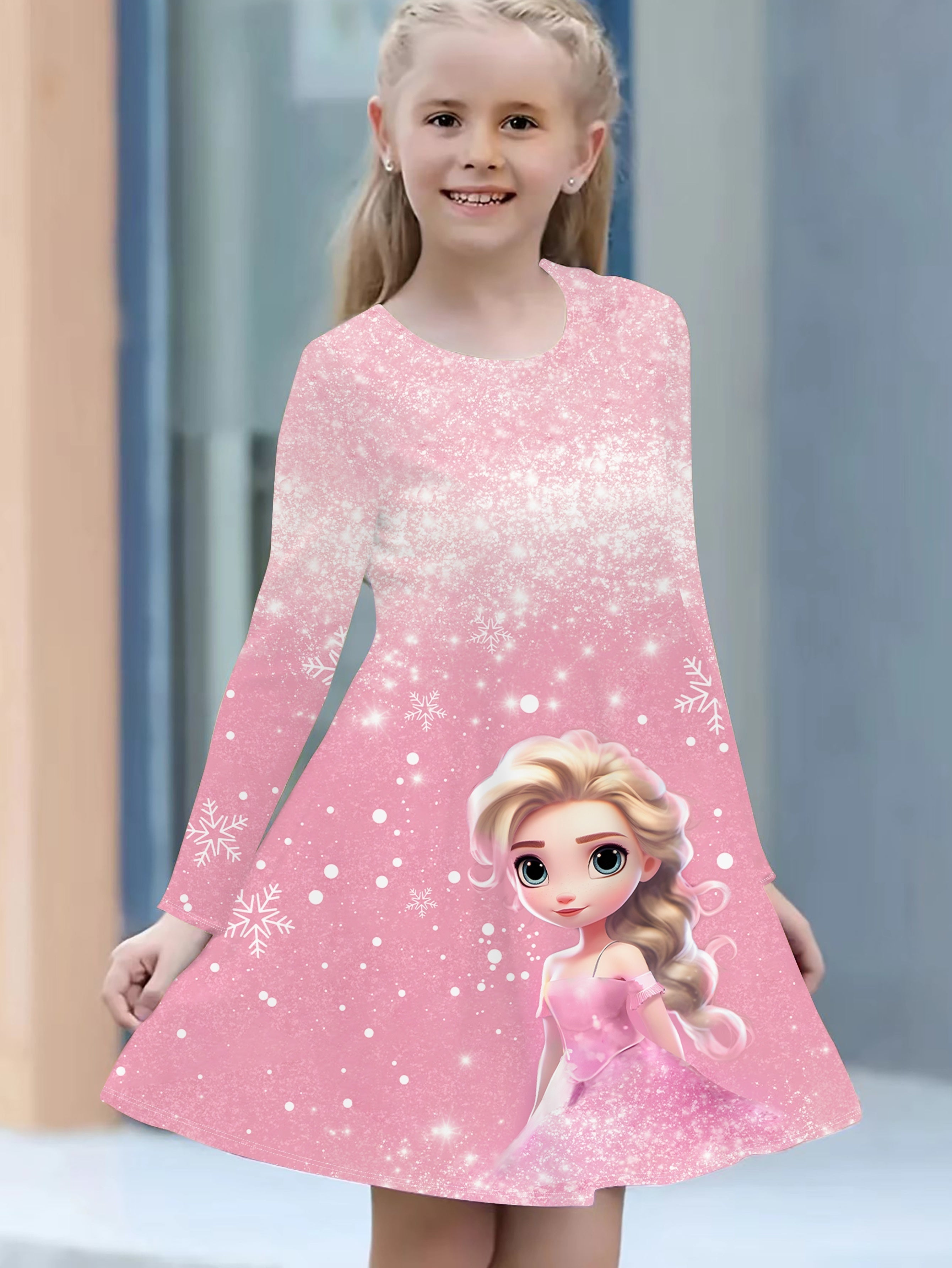 Girls' Long Sleeve Christmas Dress, 3D Princess Print, Knit Fabric, Polyester, Regular Fit, Casual Style, Autumn/Winter, Stretchy, Cartoon Pattern, Kids Fashion