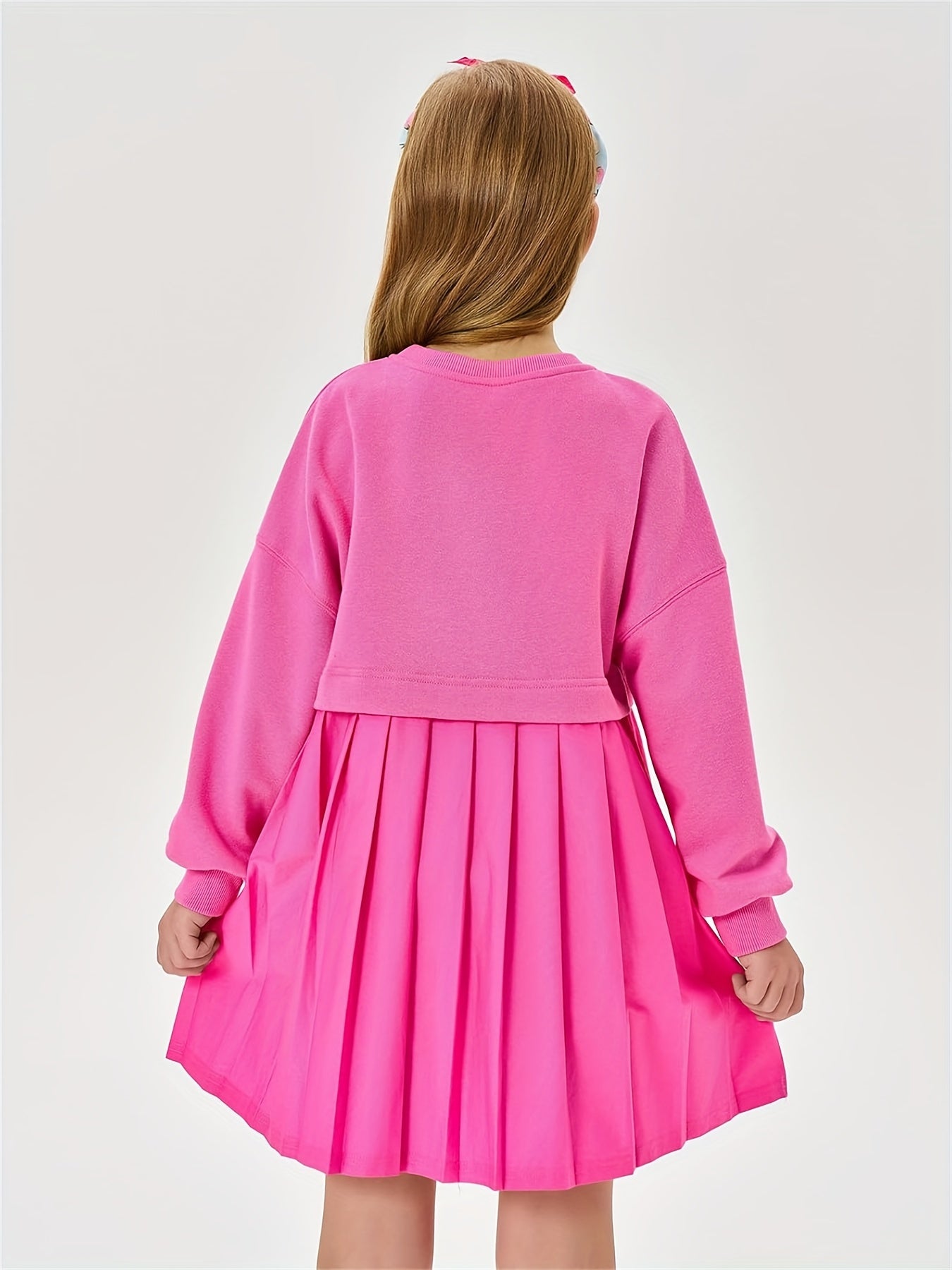 Girls Pleated Sweatshirt Dresses Kids Fashion Long Sleeve Crew Neck Mini Dress