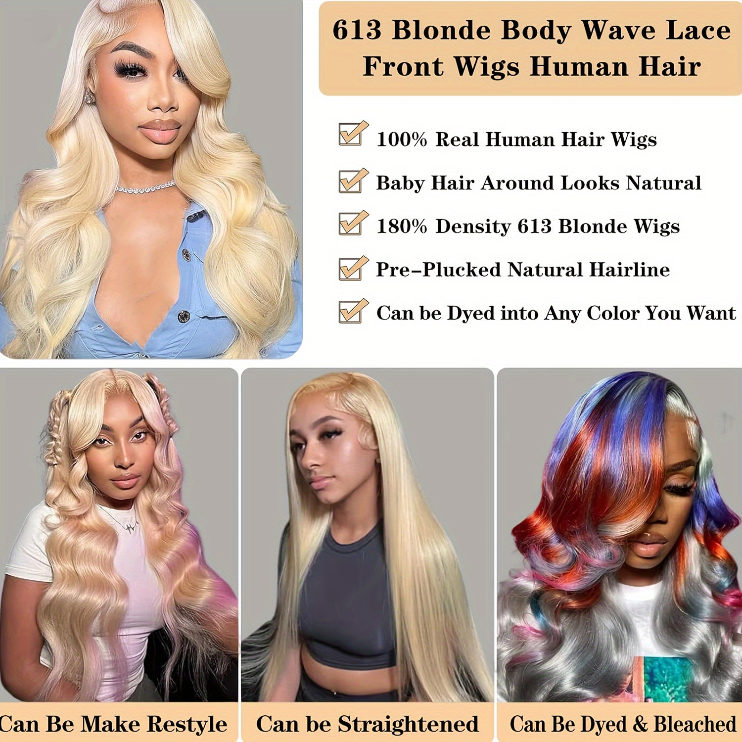 613 Lace Front Wigs Human Hair 180% Density 13x6 HD Transparent Lace Front Body Wave Wigs Human Hair Pre Plucked with Baby Hair Wigs 613 Blonde Lace Frontal Human Hair Wigs(16-36 inch, 613)