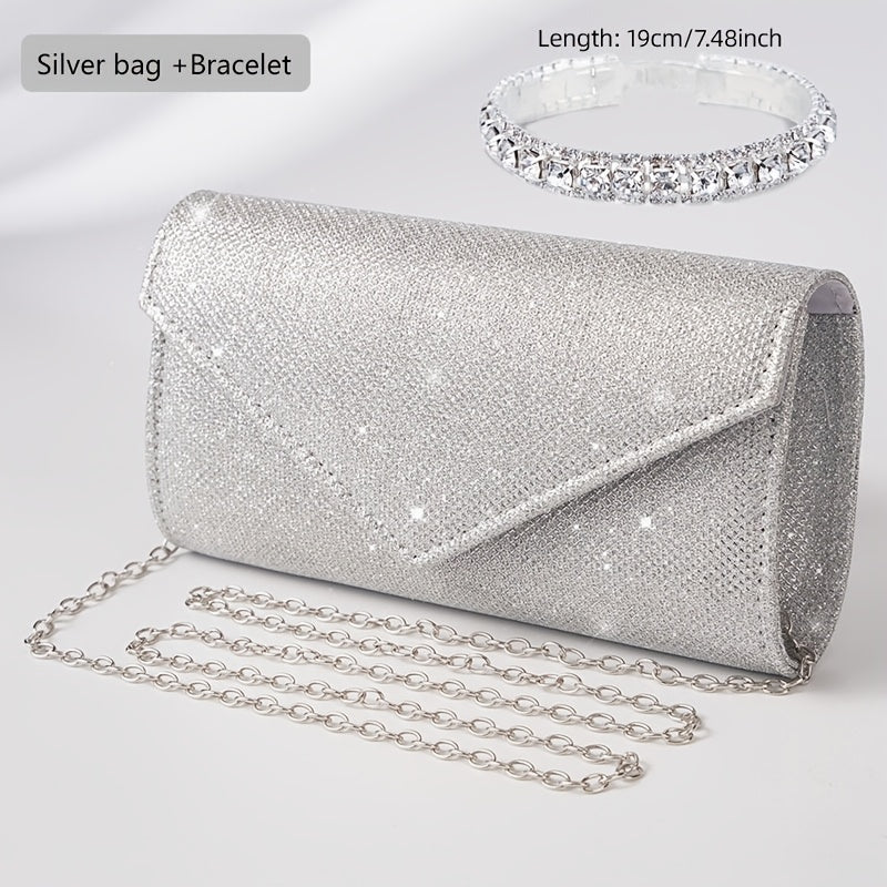 Glitter Women Envelope Evening Bag Mini Long Purse Ladies Silvery Day Clutch Wedding Party Handbag Shoulder Bags with Chain --A