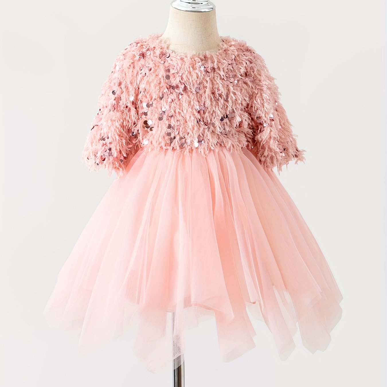 Girls' Party Dress with Sequin and Tassel Decor, Vintage Style Pink Dance Dress, Round Neck Short Sleeve Tulle Princess Evening Gown, Casual A-Line Tulle Skirt, Polyester, Seasonal, Kids Fashion