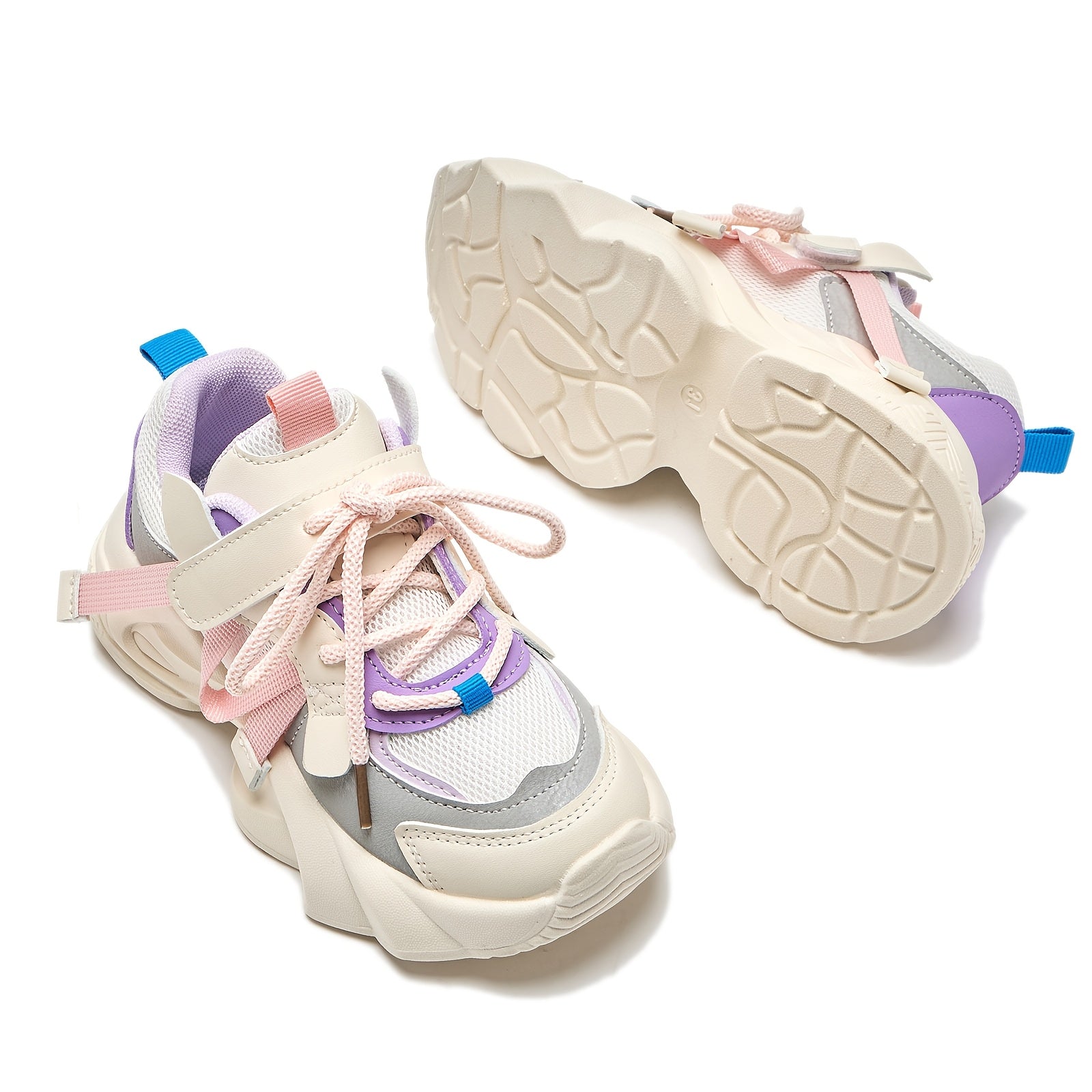 Kids' Fashion Sneakers, Breathable Lightweight Non-Slip Athletic Running Shoes, Solid Color & Stripes, Low Top Fabric Upper with PU Inner, Rubber Sole, with Adjustable Strap Closure, for Boys & Girls, All-Season Round Toe Spo