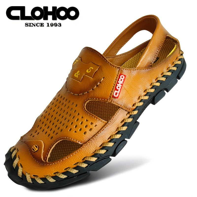 CLOHOO Mens Round Toe Sandals - Durable Handmade Stitching, Non-Slip Rubber Sole, Comfortable PU Insole, Breathable Fabric Lining, Second Layer Cowhide Upper, Slip-On Closure, Perfect for Indoor, Outdoor, Beach, Vacation, Spr