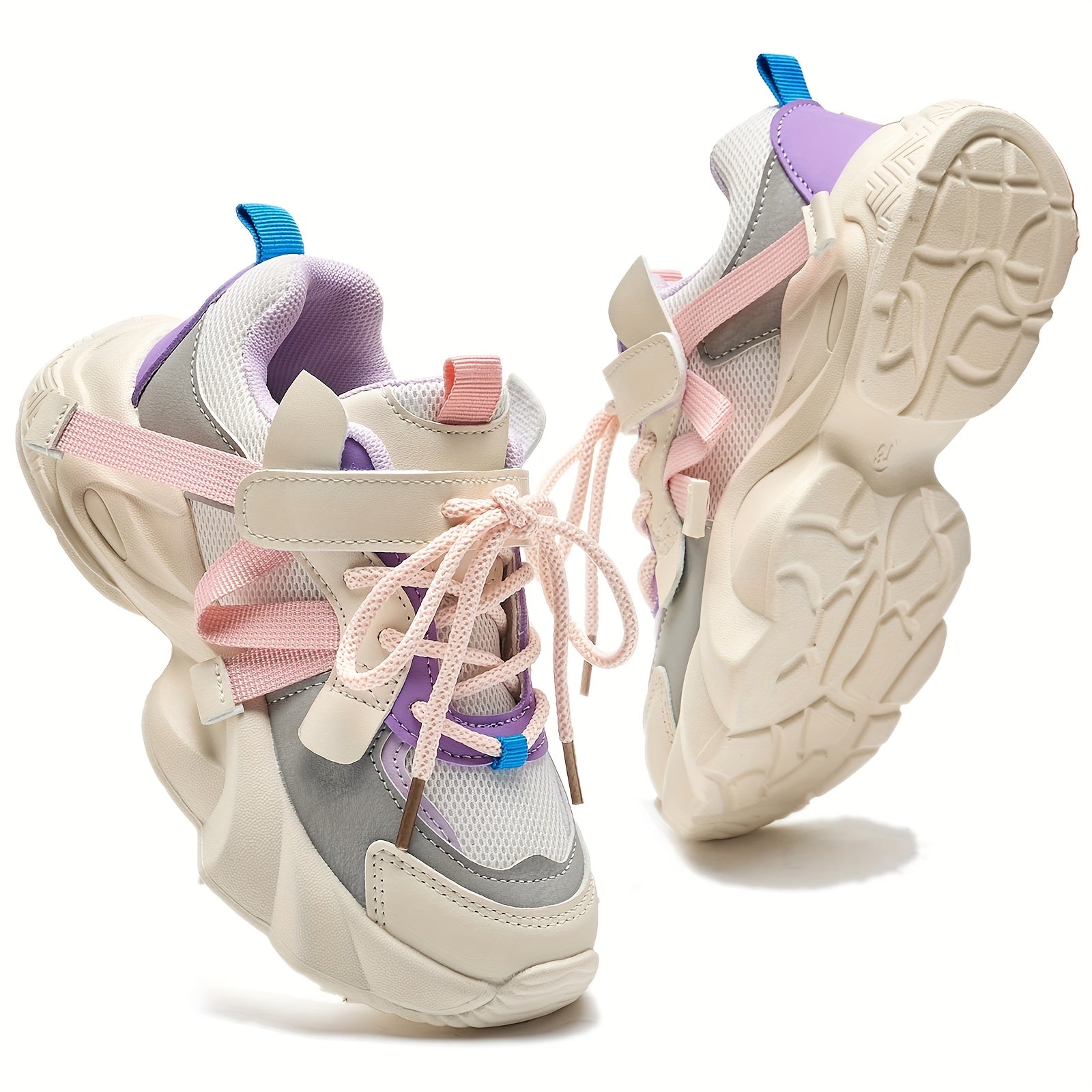 Kids' Fashion Sneakers, Breathable Lightweight Non-Slip Athletic Running Shoes, Solid Color & Stripes, Low Top Fabric Upper with PU Inner, Rubber Sole, with Adjustable Strap Closure, for Boys & Girls, All-Season Round Toe Spo