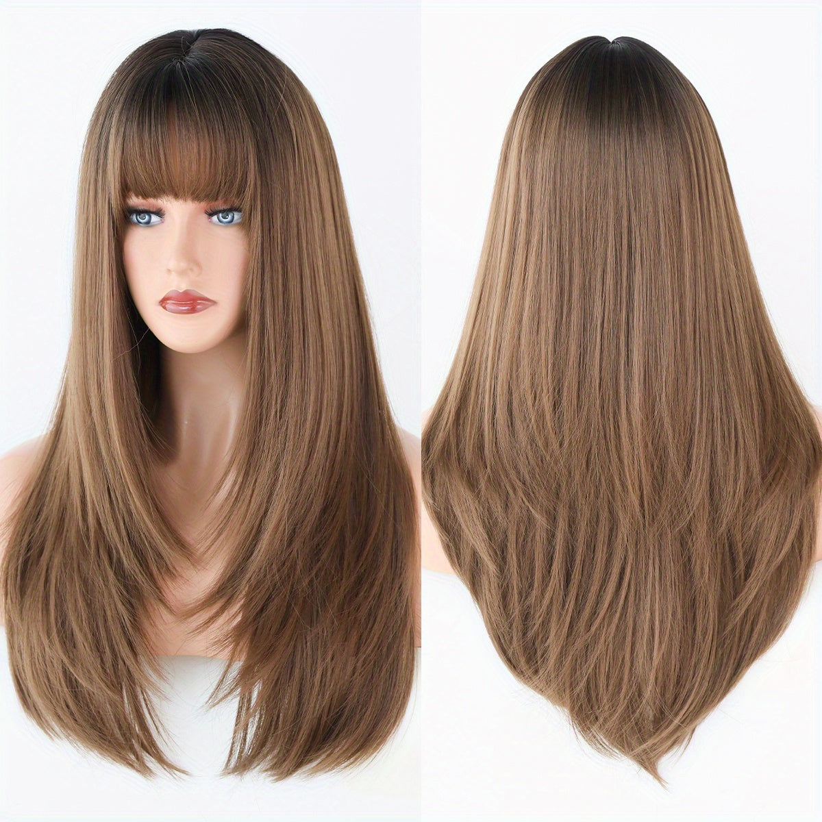 Long Straight Brown Wig For Women Daily Cosplay Use Natural Synthetic Layer Wigs With Bangs Heat Resistant High Quality