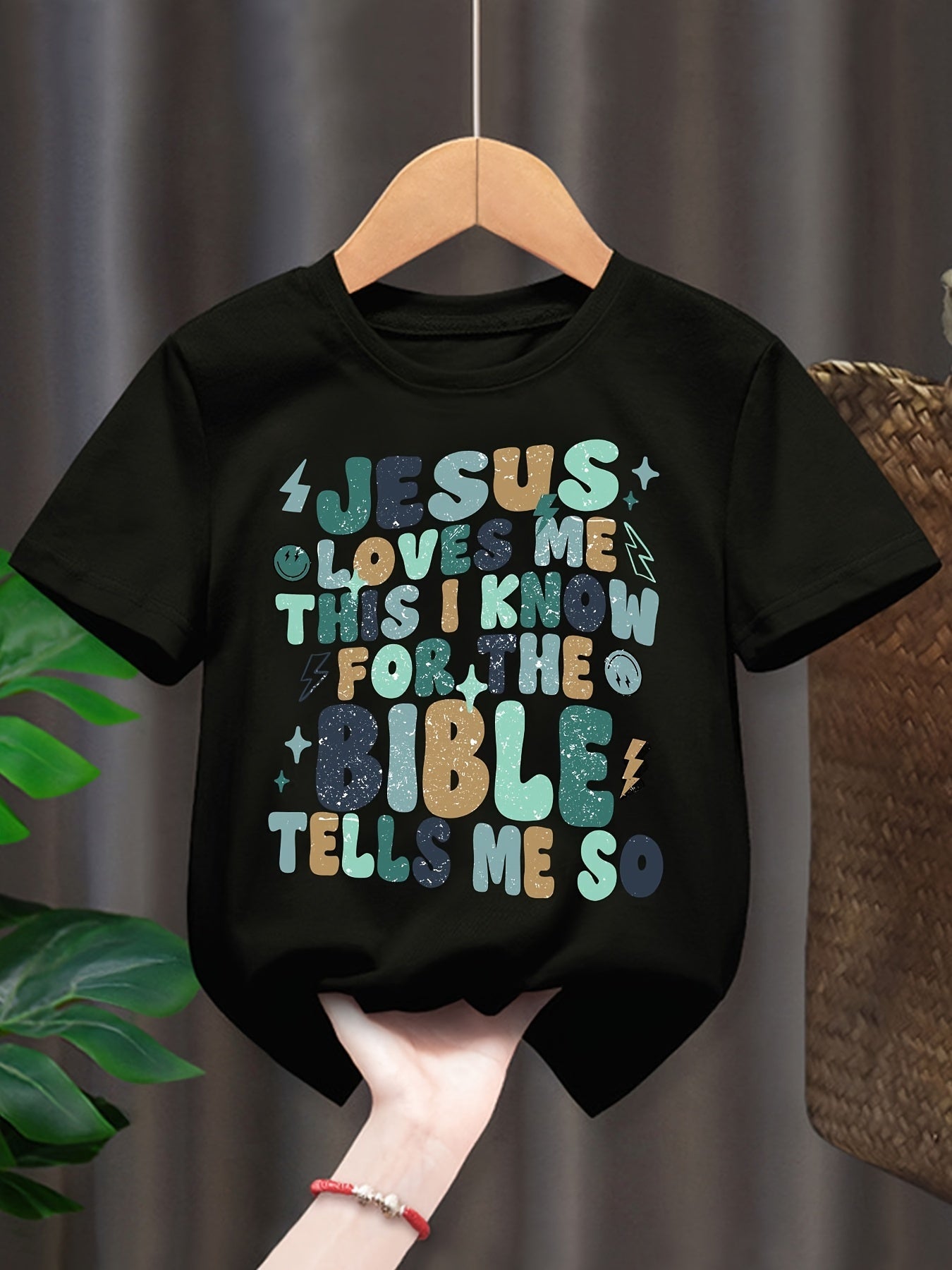 Summer Kids Fashion Short Sleeve T-Shirt - Casual Round Neck, Alphabet Print, Polyester Knit Fabric, Children's Cute Boy Casual Top with Bible Verse Design