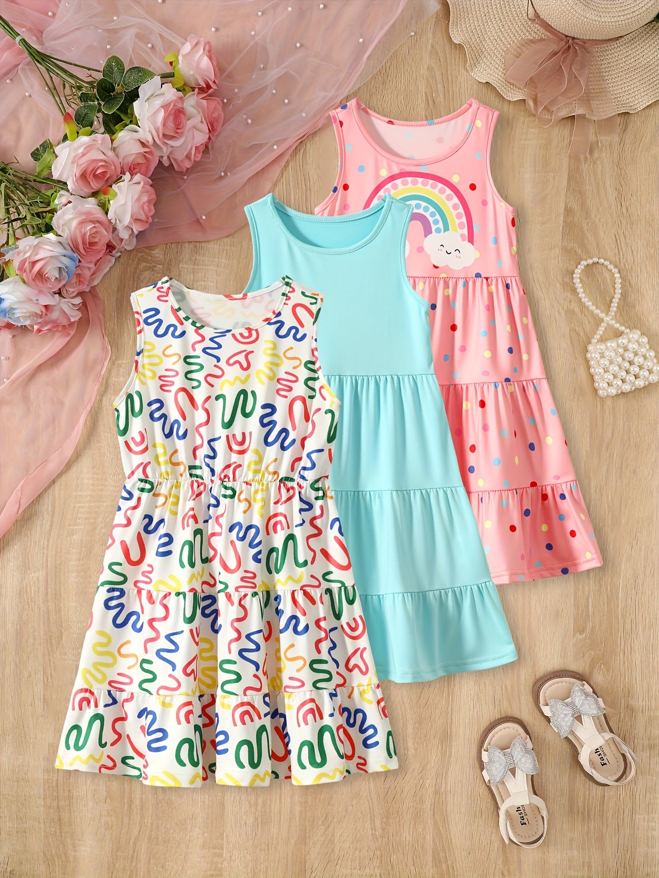 [Girls Sleeveless Dresses] 3pcs Girls' Sleeveless Dresses - Vibrant Rainbow & Candy Pattern, Yellow Tiered Ruffle Dress, Purple Polka Dot with Rainbow & Clouds Design - Perfect for Summer, Parties, and Casual Outings, Party D