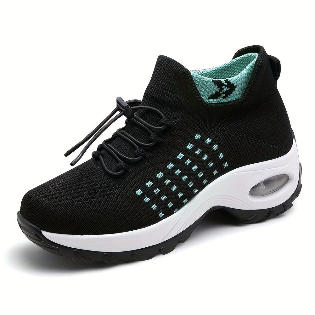 Women's Breathable Mesh Walking Shoes with Air Cushion - Comfortable Slip-On Sneakers, Black & Teal, Orthopedic Support for Nursing & Casual Wear, Ladies Shoes