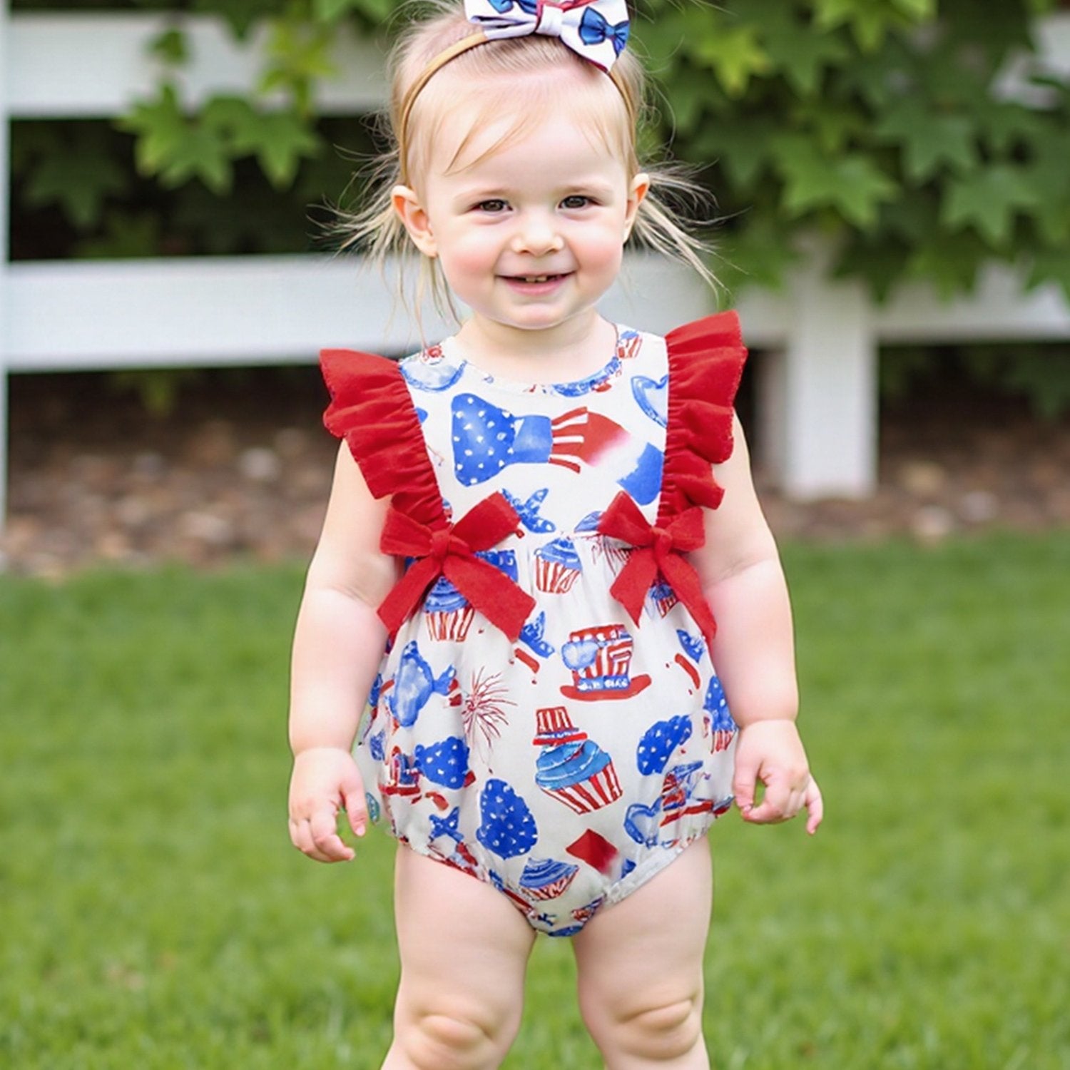 Baby Girls Patriotic Ice Cream Cake Print Romper - Red White Blue Stars & Stripes Design with Bow Detail, Fly Sleeve Summer Jumpsuit, Breathable Casual Outfit for Independence Day & Everyday Play, Holiday Wear | Playful Kids