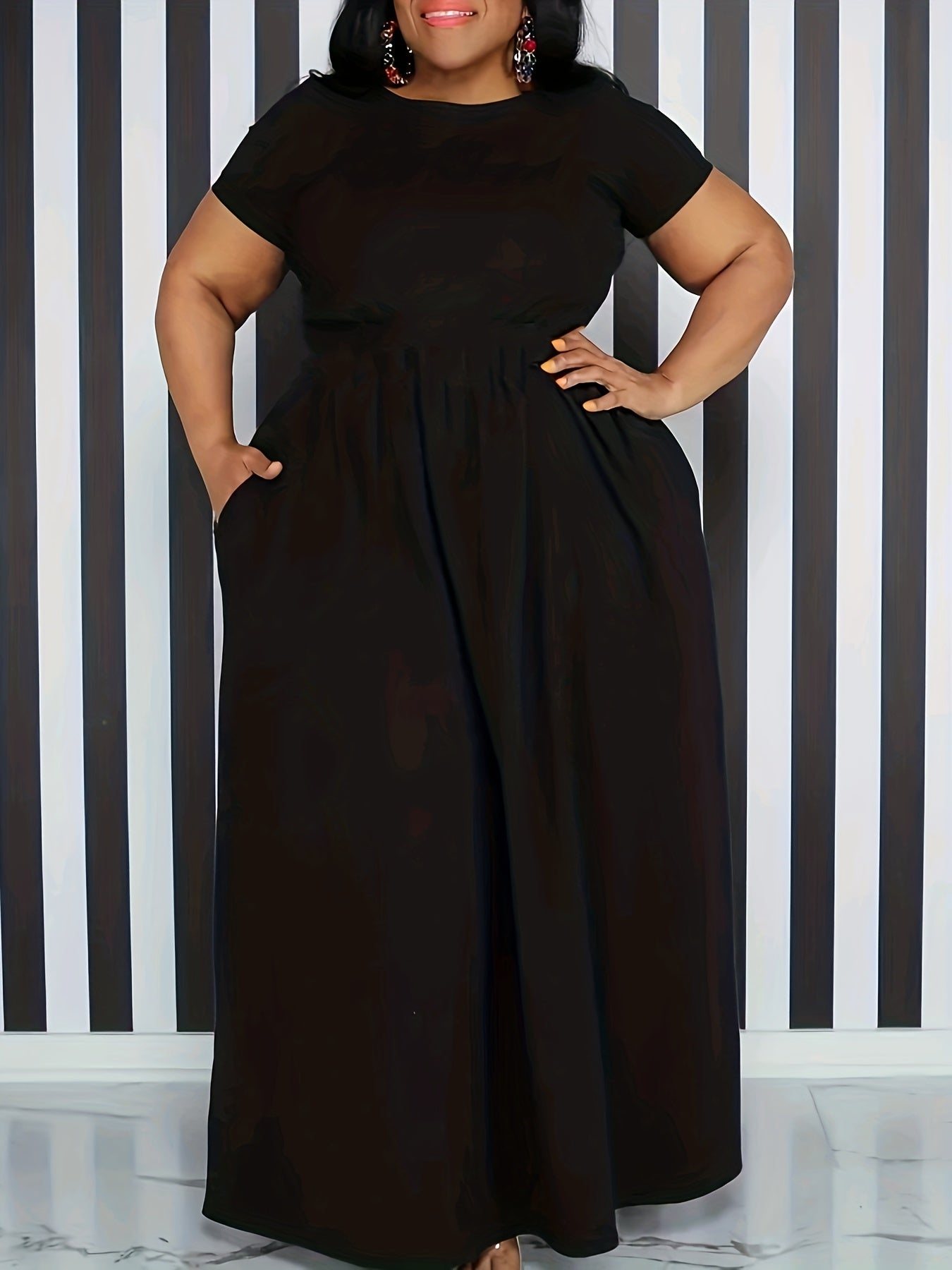 [Elegant Maxi Dress] Elegant Plus Size Solid Maxi Dress | Women's Medium Stretch Long Dress