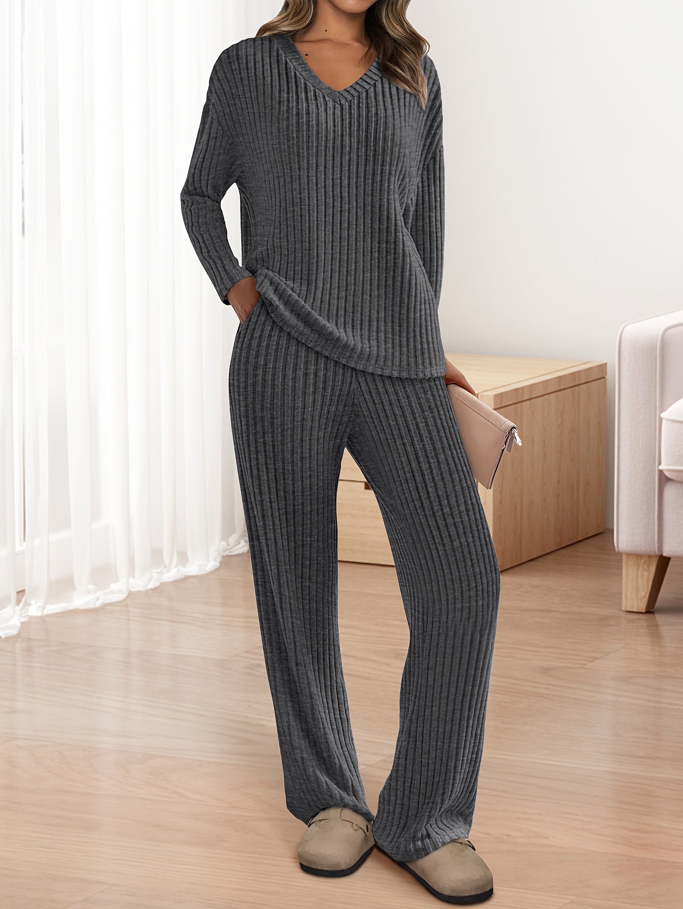 [Ribbed Knit Lounge Sets] 2pcs Ribbed Knit Lounge Sets - Women's Long Sleeve V Neck Pullover Tops Wide Leg Pants for Fall Winter Outfits