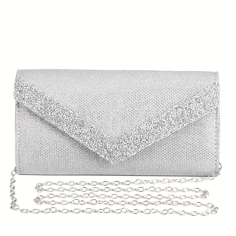 Glitter Women Envelope Evening Bag Mini Long Purse Ladies Silvery Day Clutch Wedding Party Handbag Shoulder Bags with Chain --A