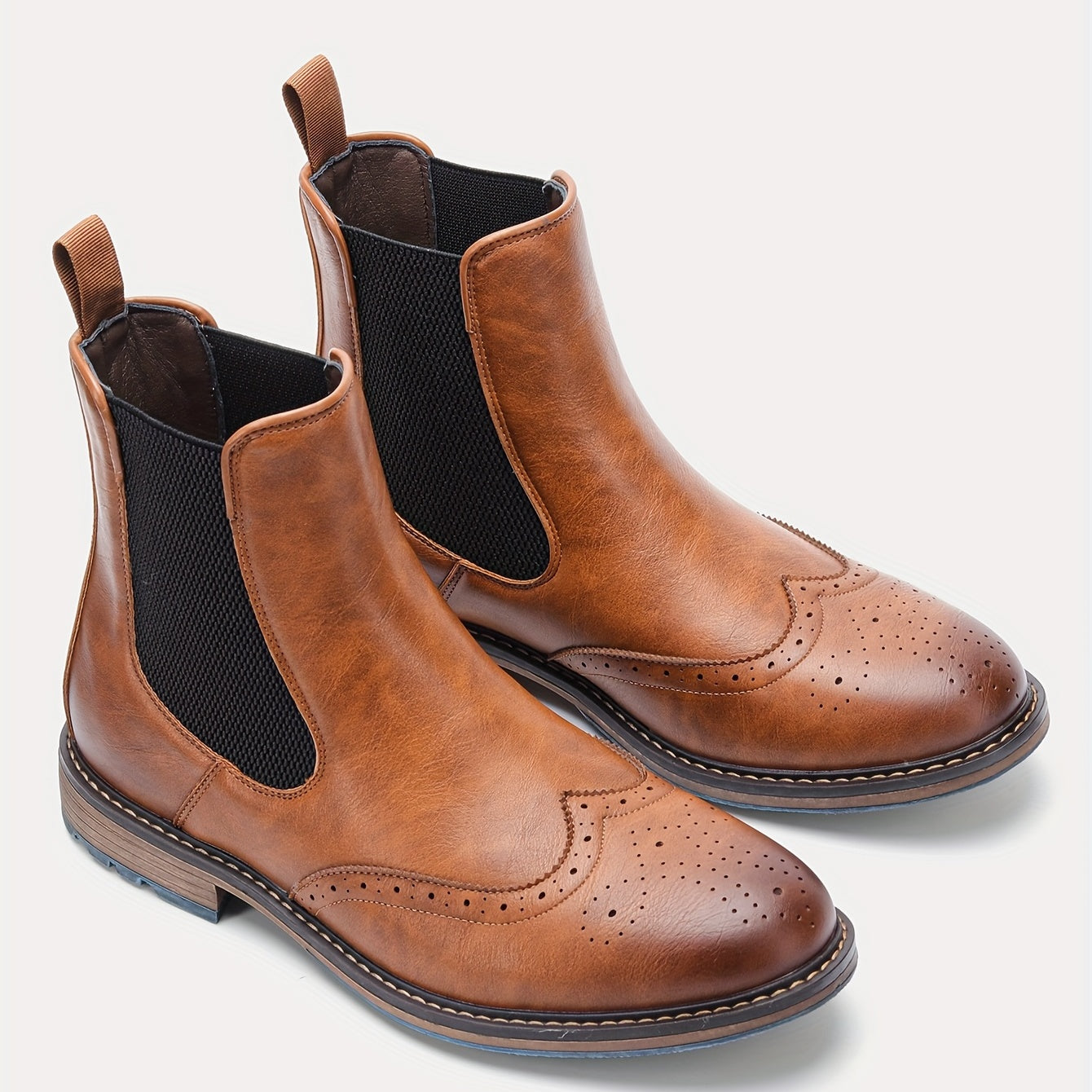 Mens Premium Brogue Slip-On Chelsea Boots - Stylish & Comfortable Ankle Footwear with Classic Round Toe - Perfect for Everyday Versatility
