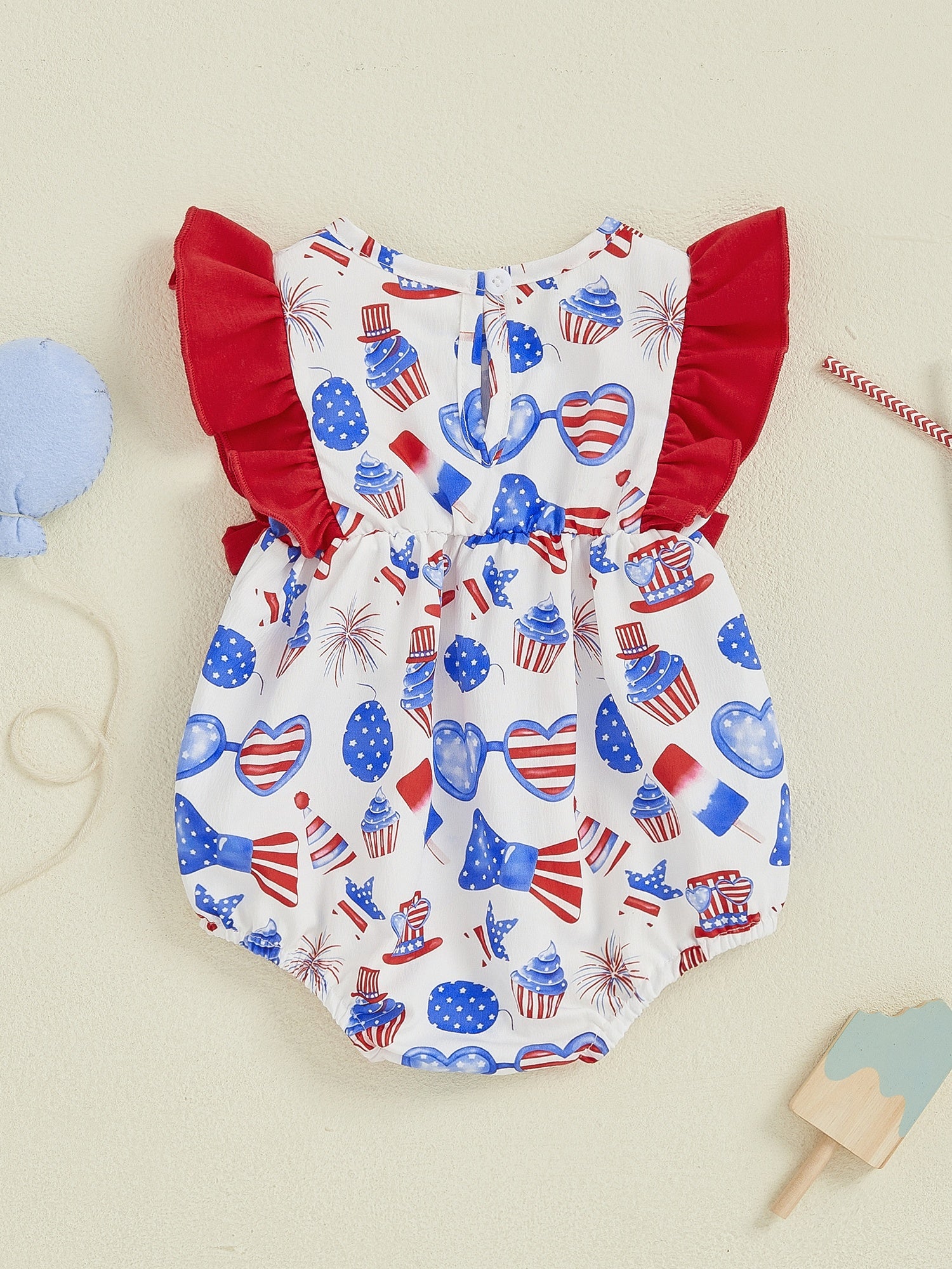 Baby Girls Patriotic Ice Cream Cake Print Romper - Red White Blue Stars & Stripes Design with Bow Detail, Fly Sleeve Summer Jumpsuit, Breathable Casual Outfit for Independence Day & Everyday Play, Holiday Wear | Playful Kids