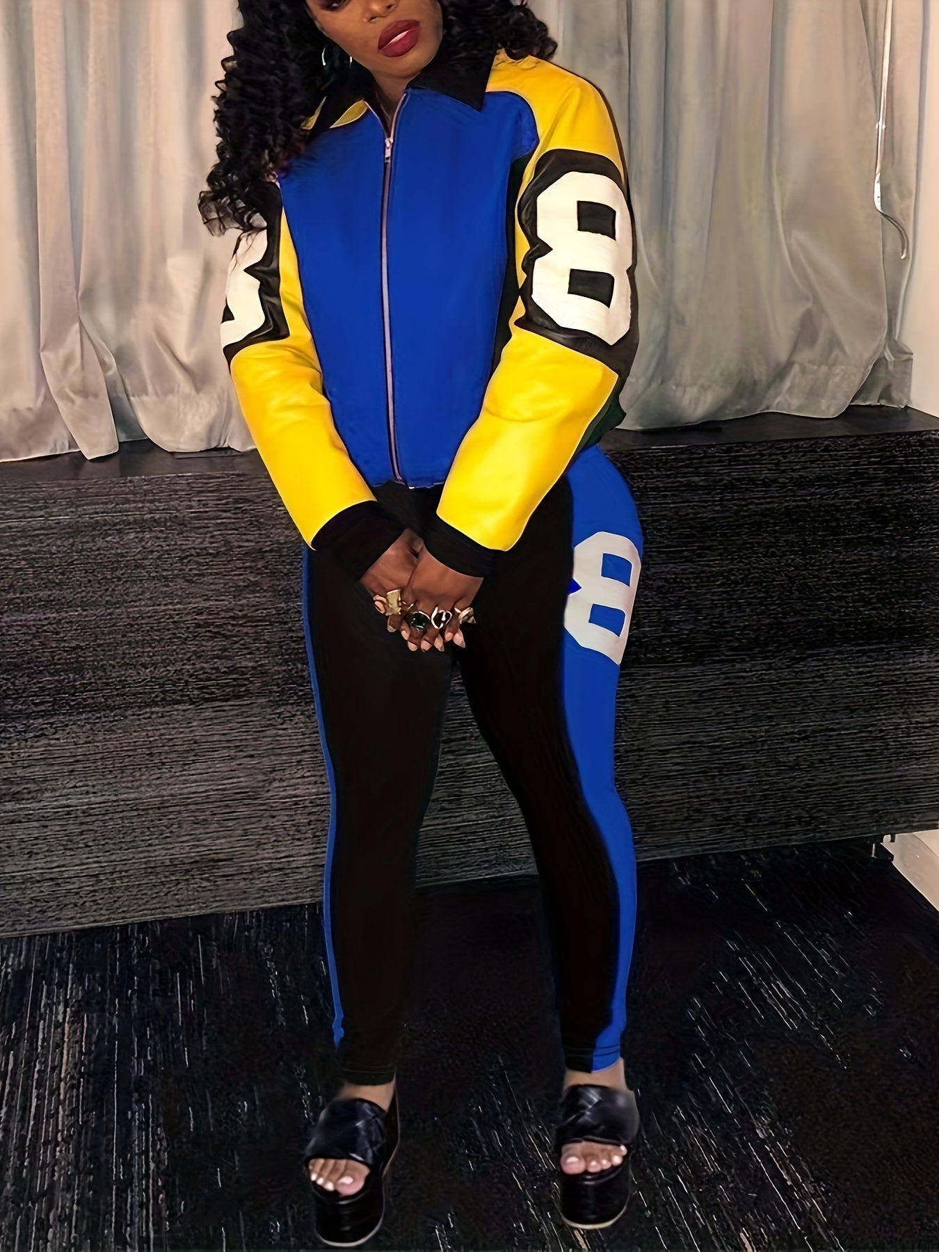 Two-piece Set, Color Block Casual Fall & Winter Outfits, Zip Up Jacket & Pants, Women's Clothing