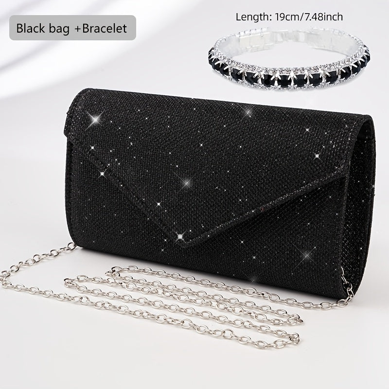 Glitter Women Envelope Evening Bag Mini Long Purse Ladies Silvery Day Clutch Wedding Party Handbag Shoulder Bags with Chain --A