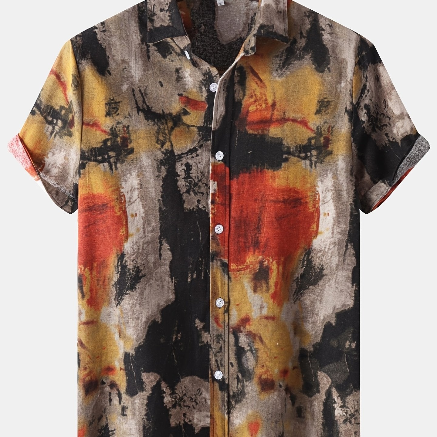 Mens Geometric Pattern Retro Oil Painting Style Short Sleeve Lapel Shirt - Comfy Casual Button Down Shirt for Summer Holiday - Cotton Blend, Non-Stretch, Regular Fit, All-Season Wear