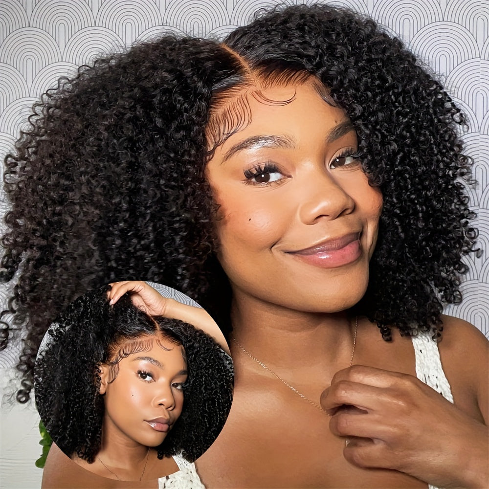 Kinky Curly V Part Lace Wig Human Hair Curl Brazilian Virgin Human Hair Wigs For Women V Part Wig V Shaped No Leave Out Glueless 180% Density 16 Inch