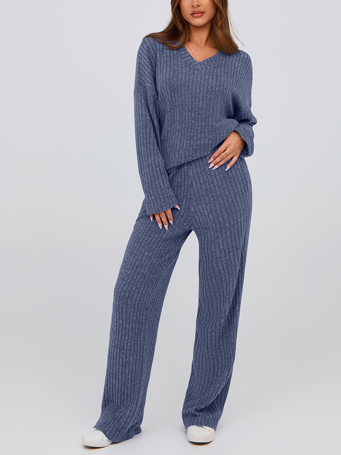 [Ribbed Knit Lounge Sets] 2pcs Ribbed Knit Lounge Sets - Women's Long Sleeve V Neck Pullover Tops Wide Leg Pants for Fall Winter Outfits