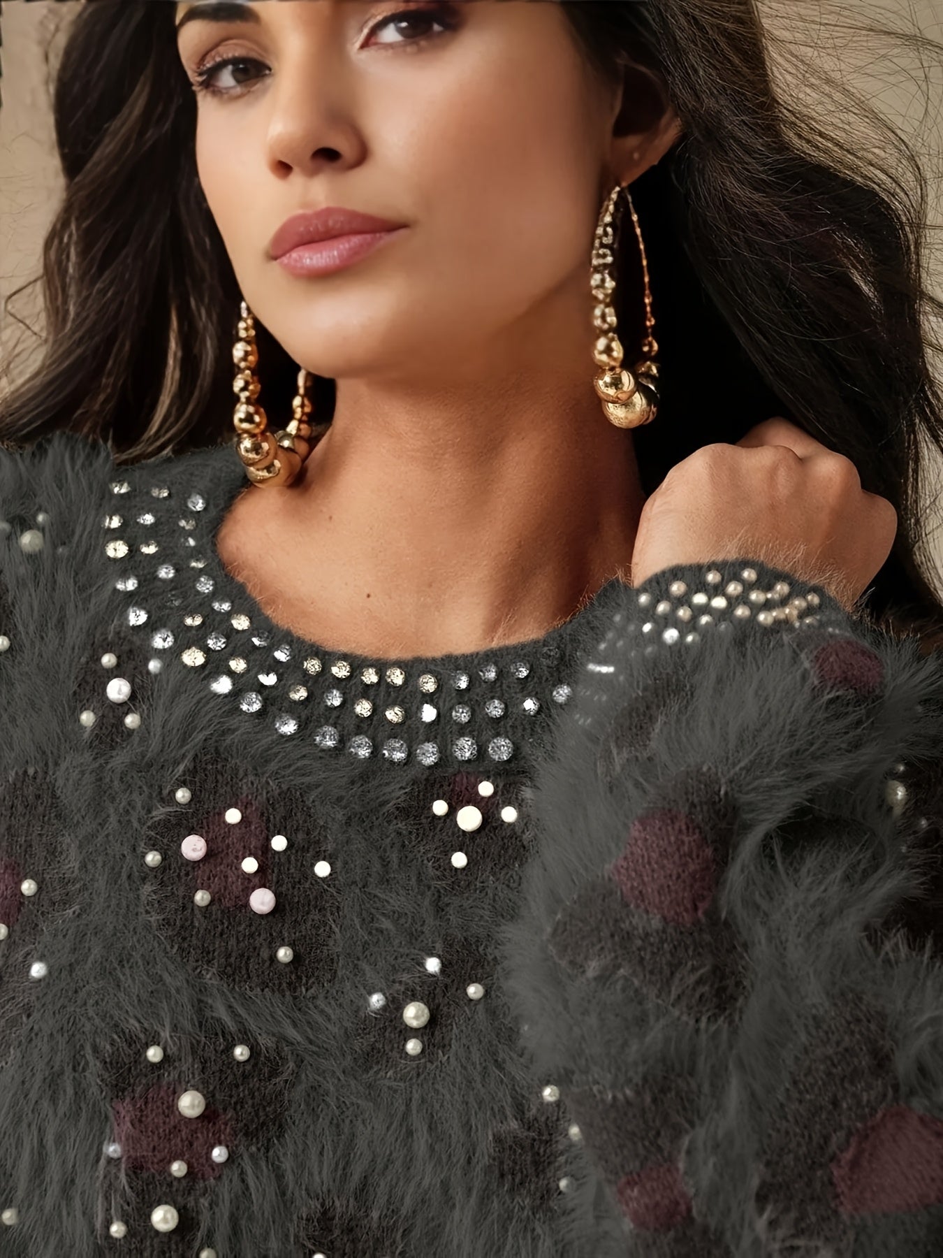 Women's Retro Leopard Print & Rhinestone Sweater - Soft Stretchy Pullover with Pearl Accents, Round Neck Long Sleeve Casual Winter Top for Fall & Winter Outfits