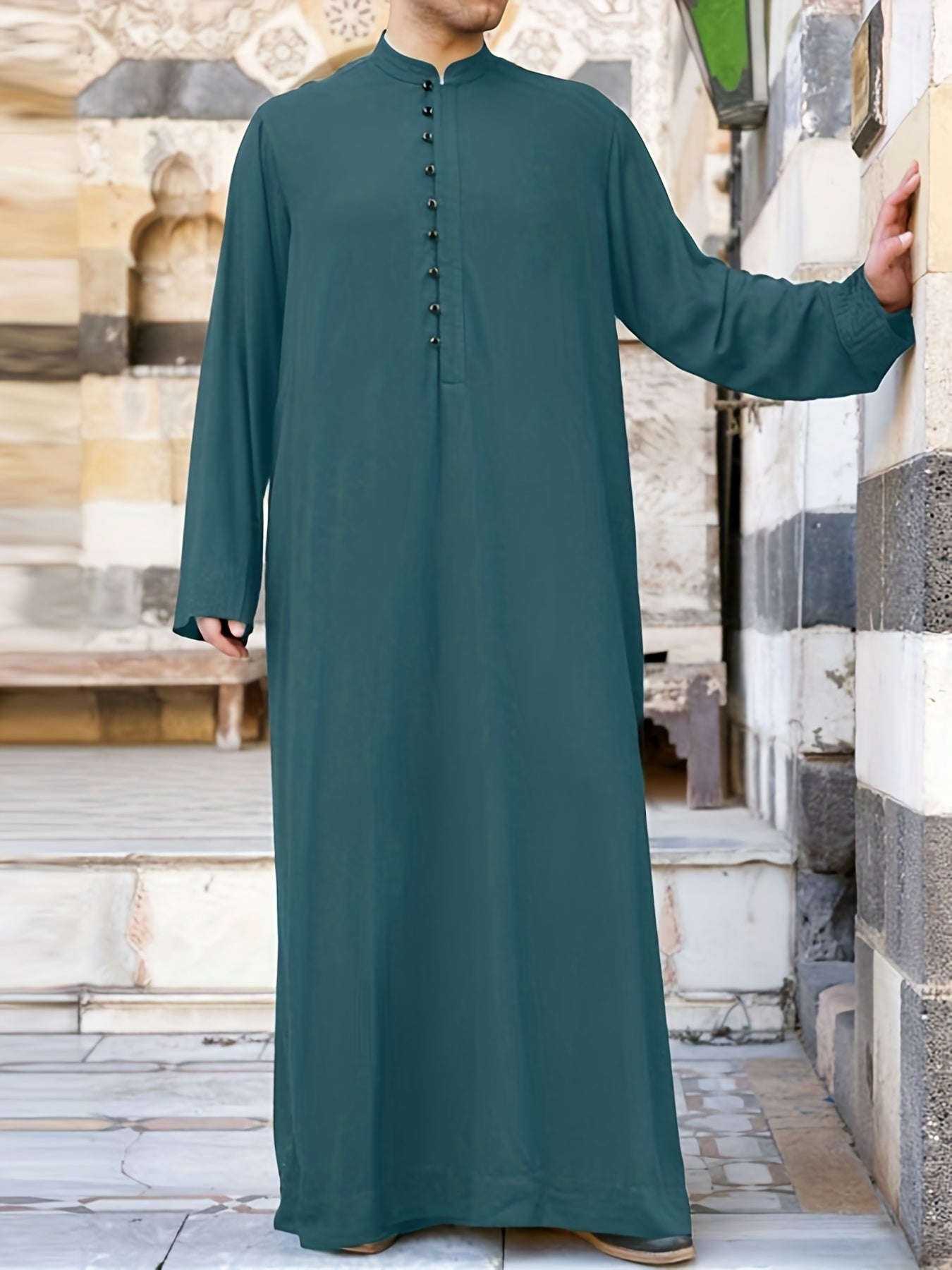 INCERUN Mens Solid Color Long Sleeve Off the Shoulder Thin Thobe Stand Collar Casual Burqa - Polyester Woven Fabric, Regular Fit, Spring Season, Non-Stretch, No Sheer - Perfect for Ramadan, Eid Al-Adha Celebrations