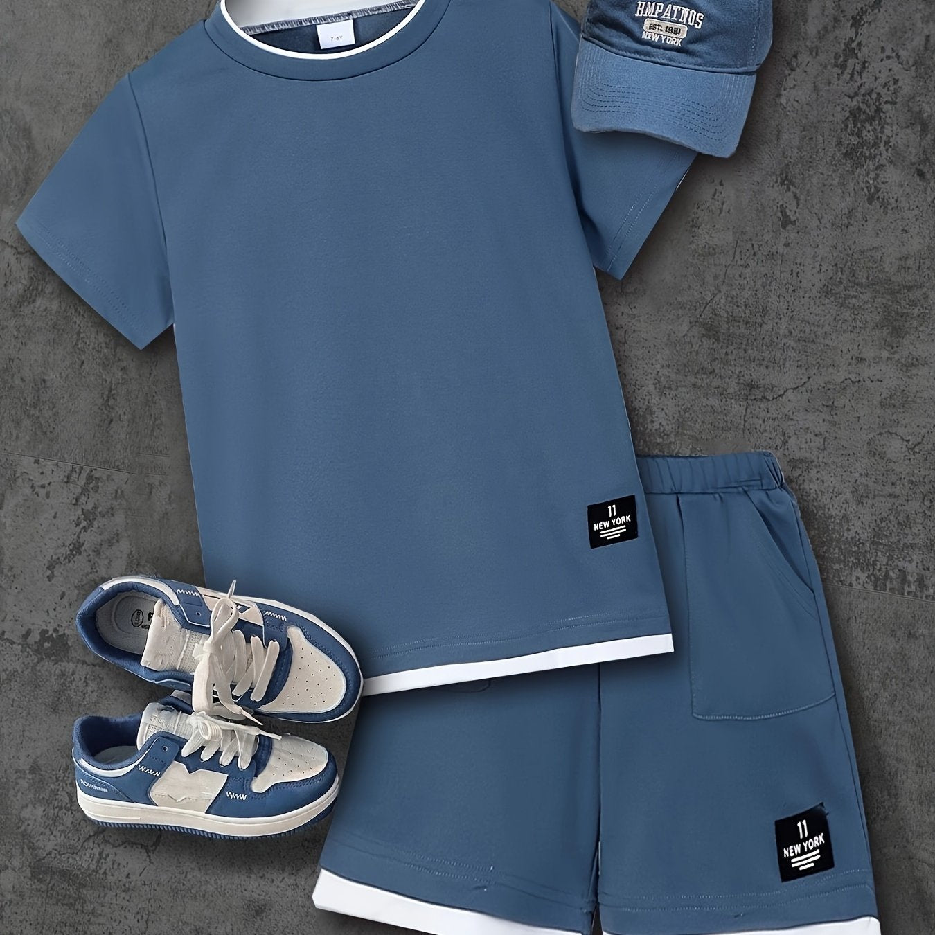 Kisskiddy Two-Piece Set Tween Boys' Casual Shorts Outfit - Summer Kids Fashion Solid Color Patched Round Neck T-Shirt and Shorts with Pockets, Loose Fit for Outdoor Wear, Creative Gift Idea (Note: Hat and Shoes Not Included),