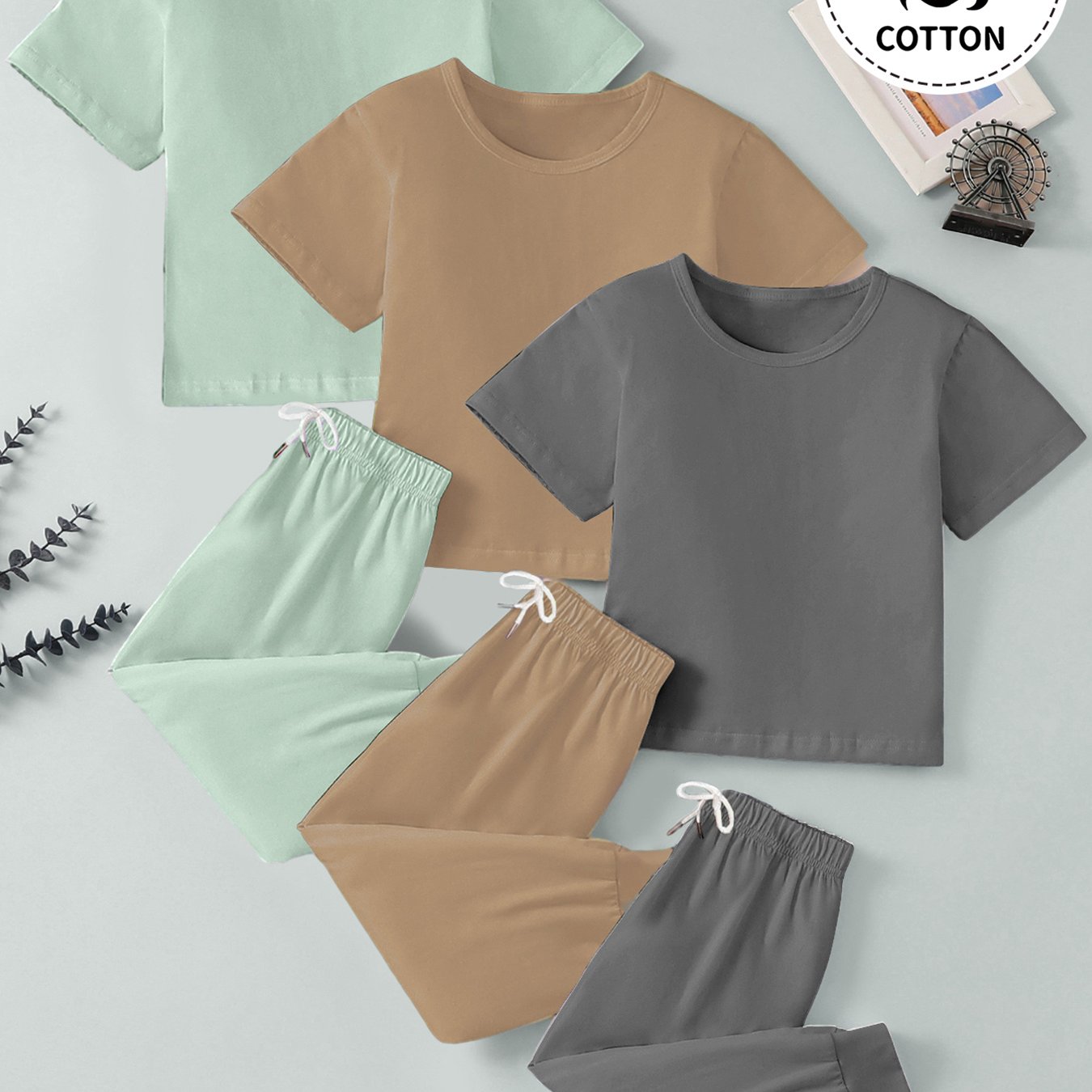 3 Sets of Soft & Breathable Solid Cotton Short Sleeve Casual T-Shirt and Elastic Waist Sweatpants Set for Boys - Spring/Summer/Fall Outfits with Slight Stretch, Fake Drawstring, and Regular Fit