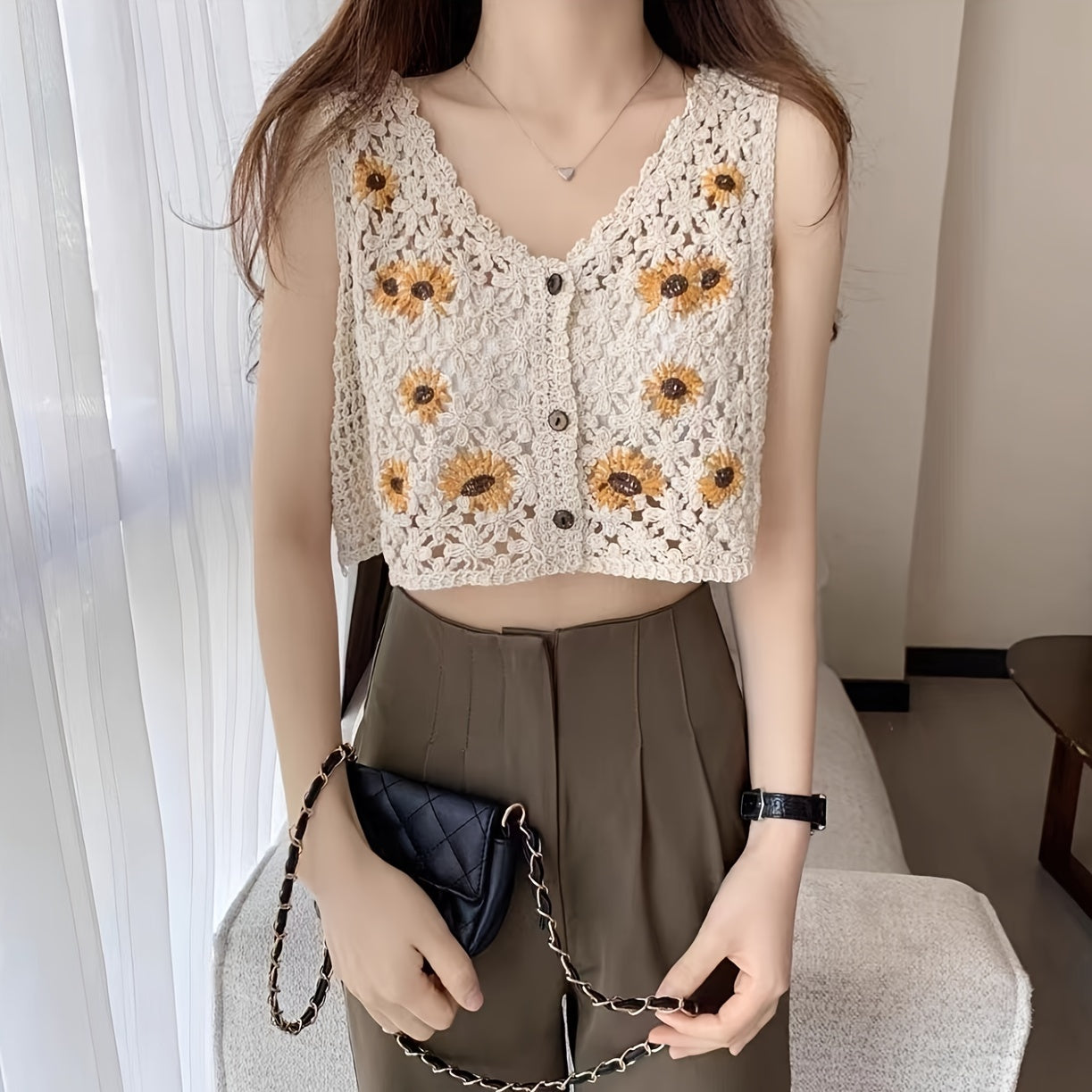 Girls Bohemian Style Knitted Cropped Cardigan Vest, Floral Embroidery With Button Detail, Kids Fashion Outerwear