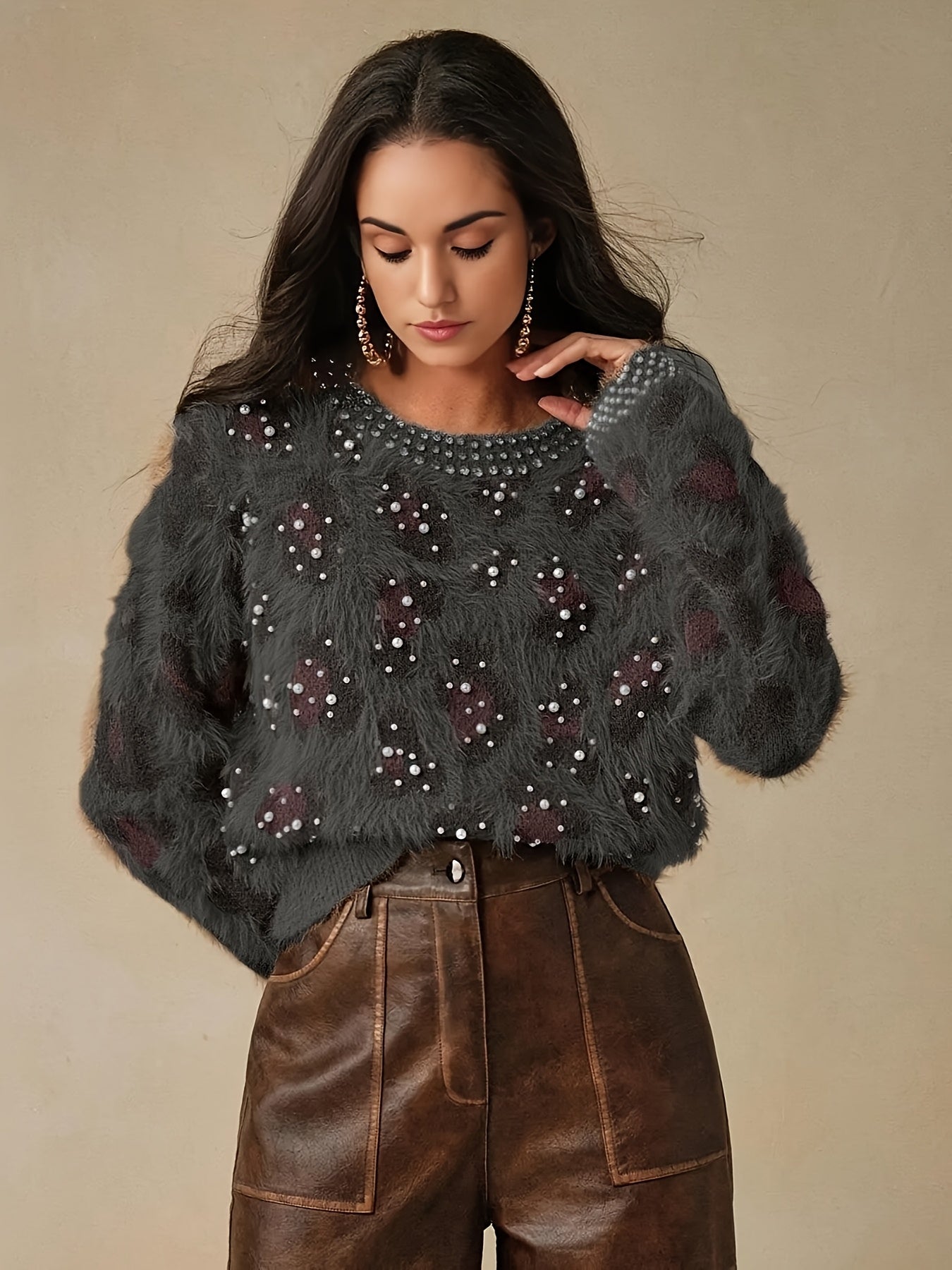 Women's Retro Leopard Print & Rhinestone Sweater - Soft Stretchy Pullover with Pearl Accents, Round Neck Long Sleeve Casual Winter Top for Fall & Winter Outfits