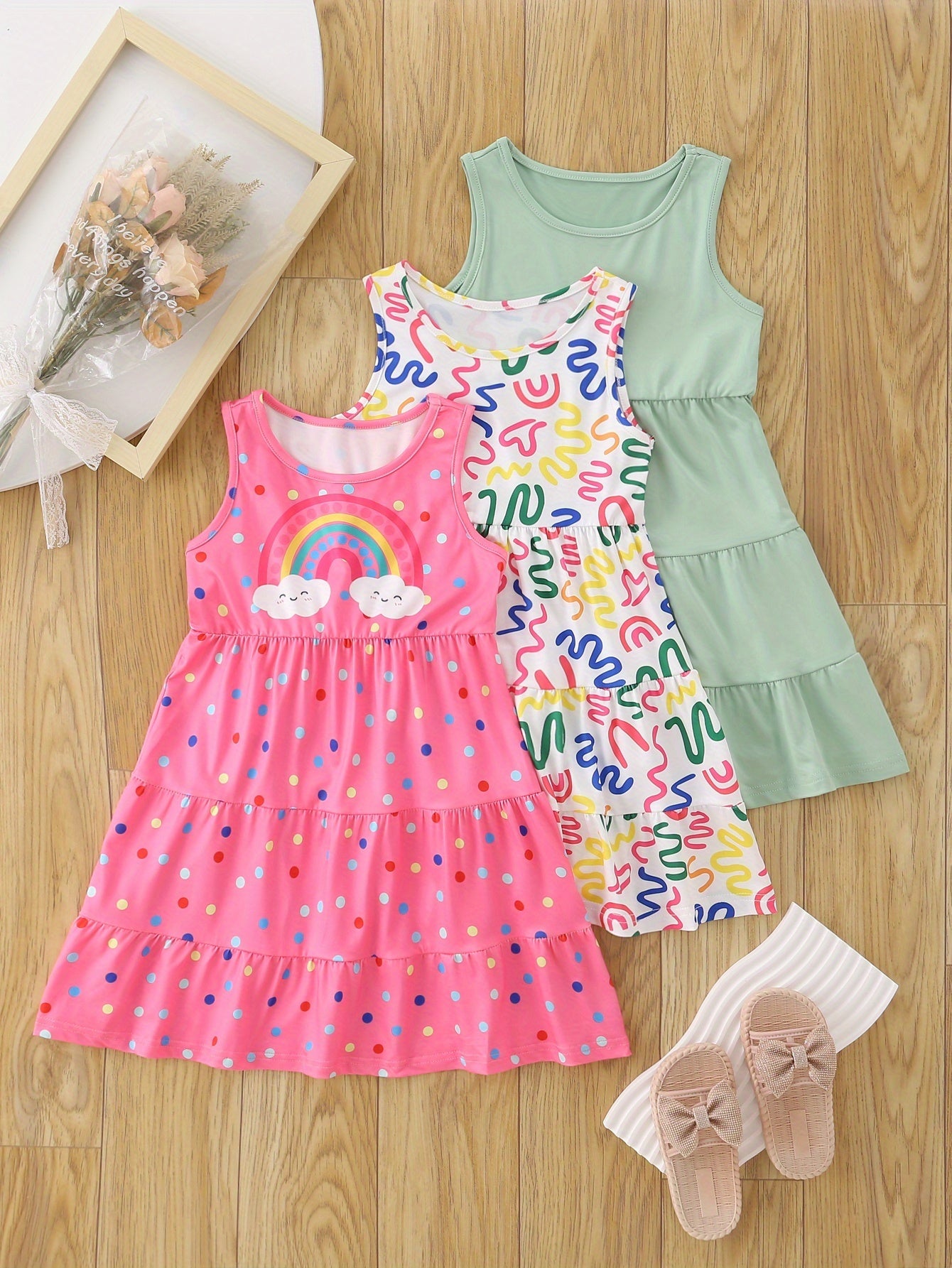 [Girls Sleeveless Dresses] 3pcs Girls' Sleeveless Dresses - Vibrant Rainbow & Candy Pattern, Yellow Tiered Ruffle Dress, Purple Polka Dot with Rainbow & Clouds Design - Perfect for Summer, Parties, and Casual Outings, Party D