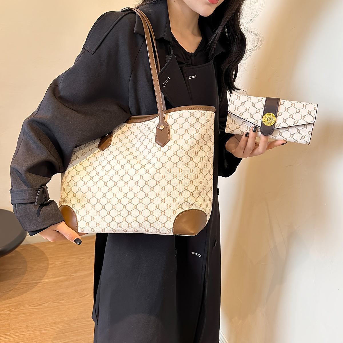 Classic Elegant Tote Shoulder Bag With Long Purse, Elegant Textured Women's Bags, New Year & Valentine's Day Gift