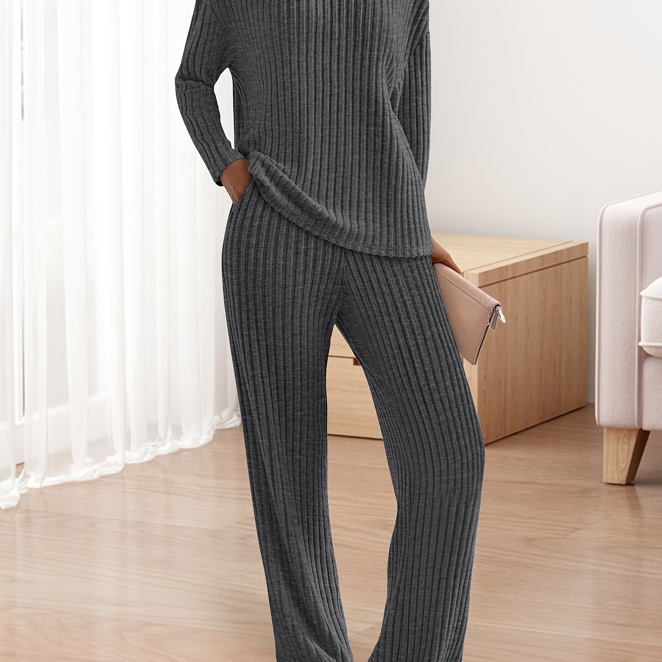 [Ribbed Knit Lounge Sets] 2pcs Ribbed Knit Lounge Sets - Women's Long Sleeve V Neck Pullover Tops Wide Leg Pants for Fall Winter Outfits