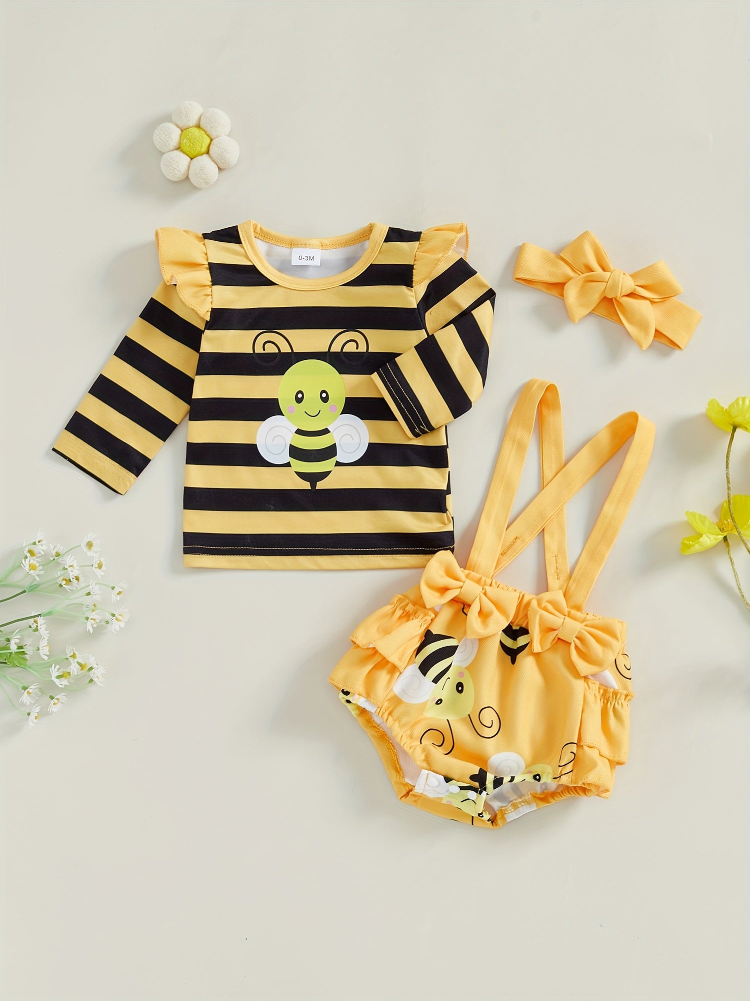 Baby Girl Fall Outfits Stripe Bee Print Long Sleeve Romper Suspender Shorts Headband 3Pcs Clothes Set 0 3 6 12 18 Months