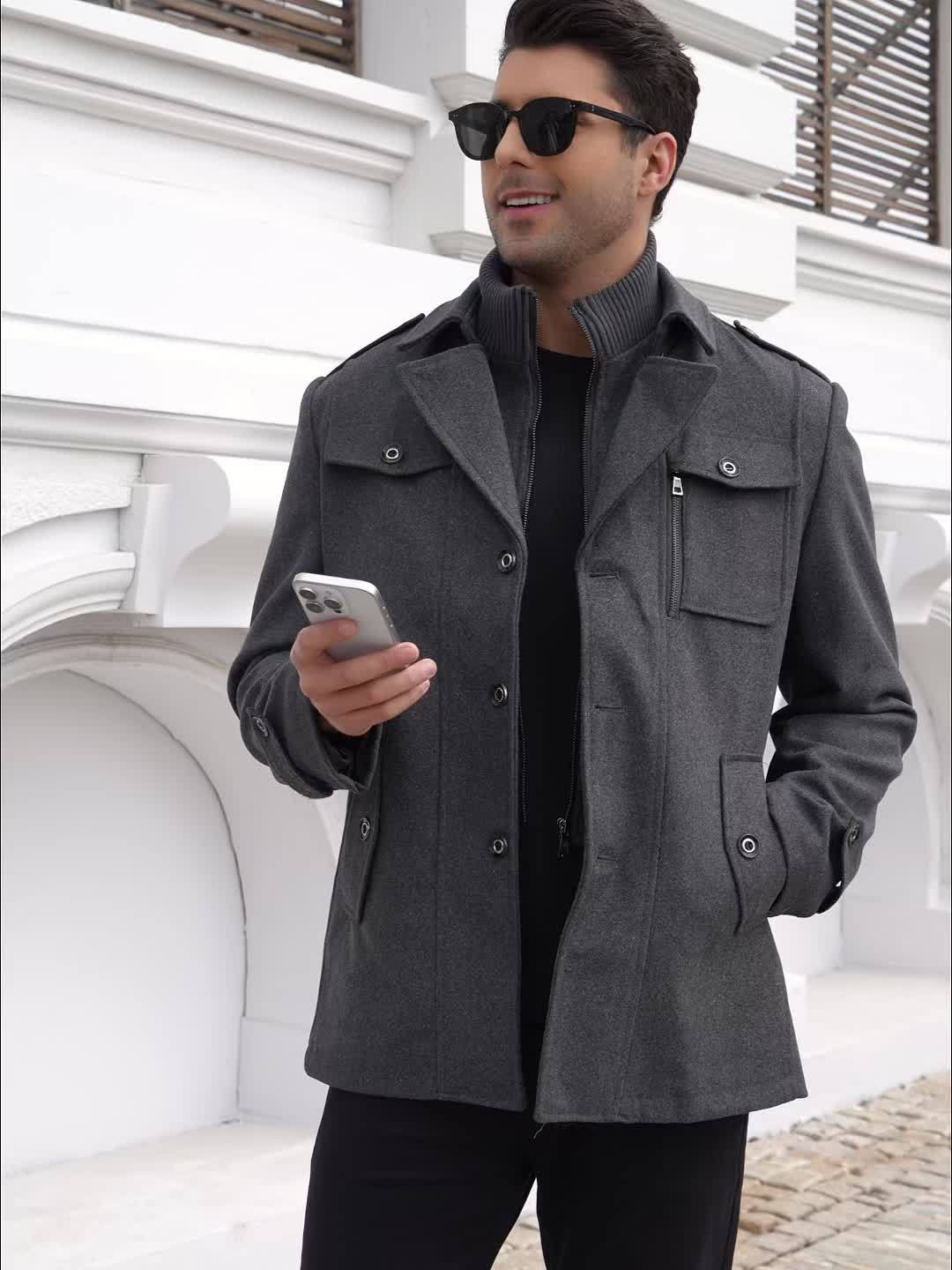 [Stylish Wool Coat] Warm and Durable Men's Coat - Stylish Double Collar Wool-Blend Mid-Length Coat with Zipper & Pockets for Business or Casual Autumn/Winter Outfits