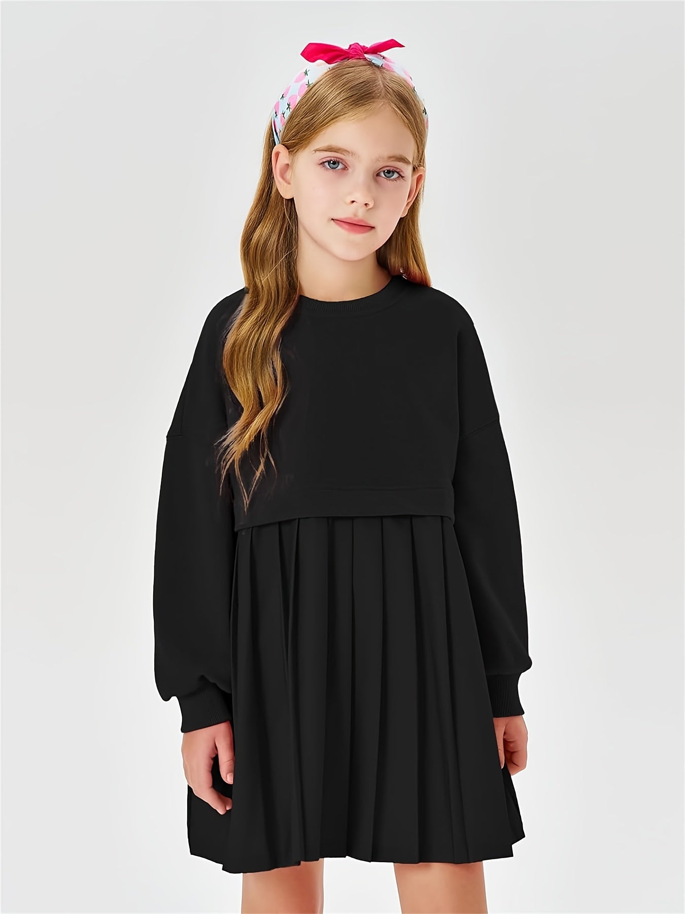 Girls Pleated Sweatshirt Dresses Kids Fashion Long Sleeve Crew Neck Mini Dress