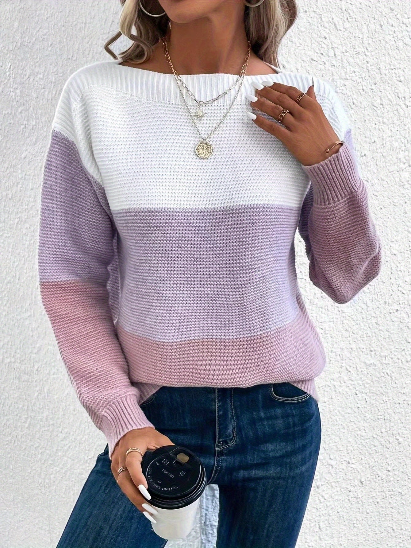 Women's Elegant Off-Shoulder Colorblock Sweater - Stylish Long Sleeve Pullover with Vertical Stripes in Pink, Purple & White, Ribbed Cuffs, Versatile for Fall & Winter Outfits, Ladies Sweaters