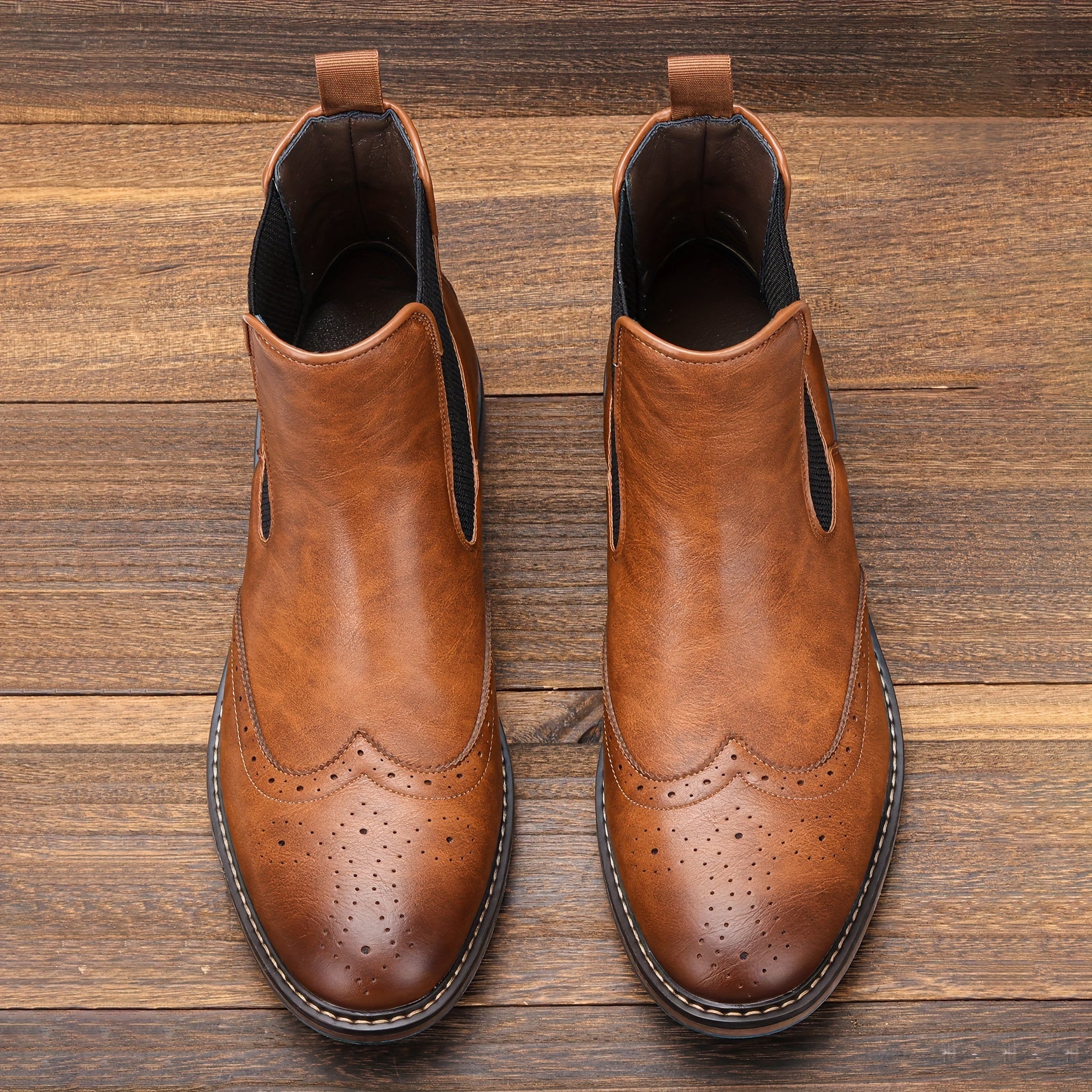 Mens Premium Brogue Slip-On Chelsea Boots - Stylish & Comfortable Ankle Footwear with Classic Round Toe - Perfect for Everyday Versatility