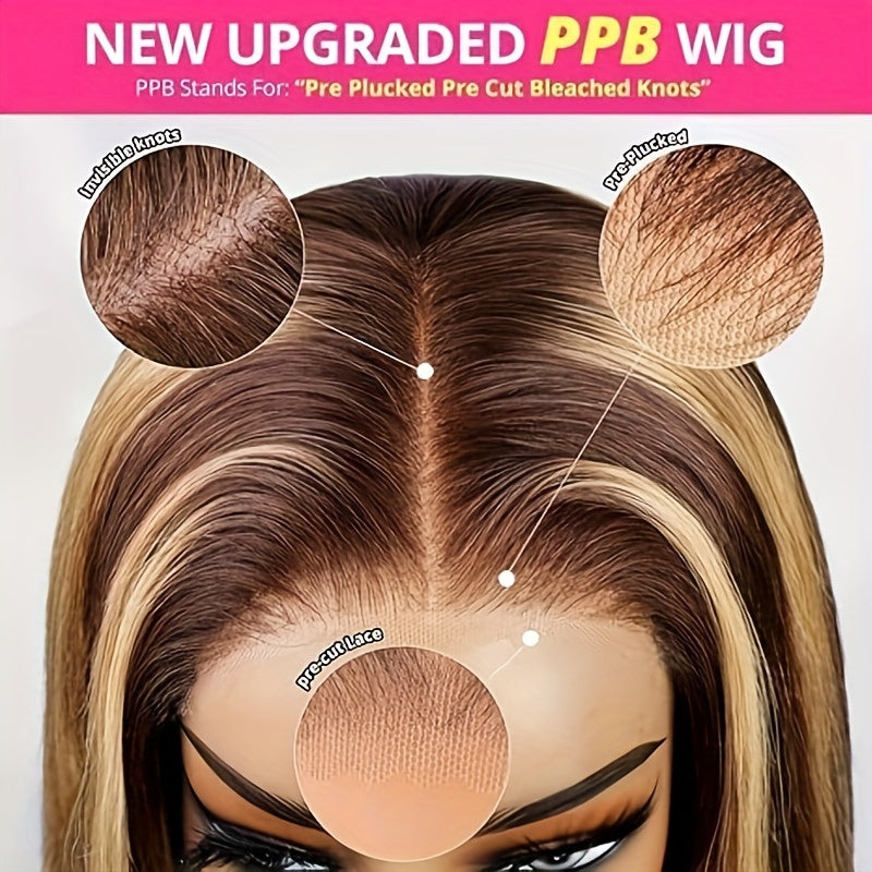 Honey Blonde Lace Front Wig Human Hair 4/27 Highlight Ombre 5x5 Transparent Lace Frontal Human Hair Wigs for Women Body Wave Highlight Lace Front Glueless Wigs Pre Plucked 180% Density 28 Inch