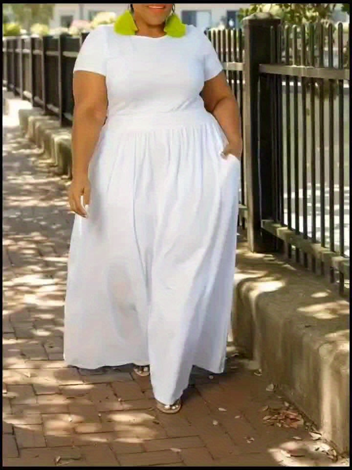 [Elegant Maxi Dress] Elegant Plus Size Solid Maxi Dress | Women's Medium Stretch Long Dress