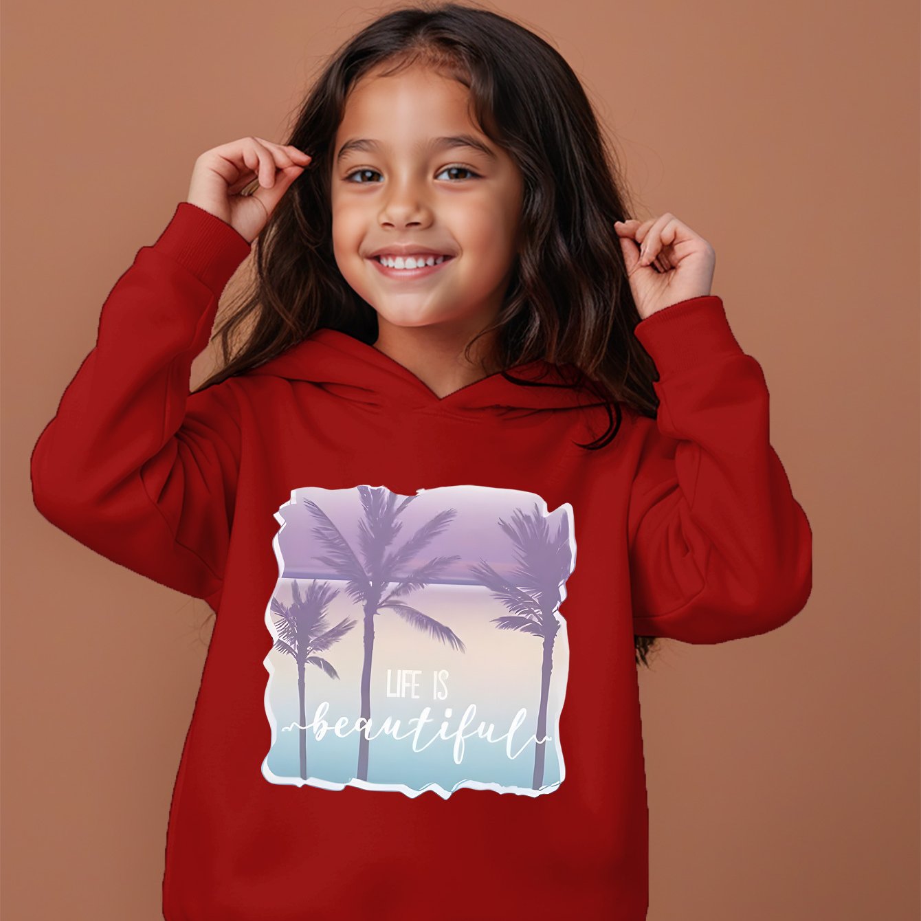 Kids' Fashion Hoodie with "Life Is Beautiful" Palm Print - Casual Knit Fabric Pullover for Ages 12 and Under, 100% Polyester, Regular Fit, Hooded, Slight Stretch, Fall/Winter Collection