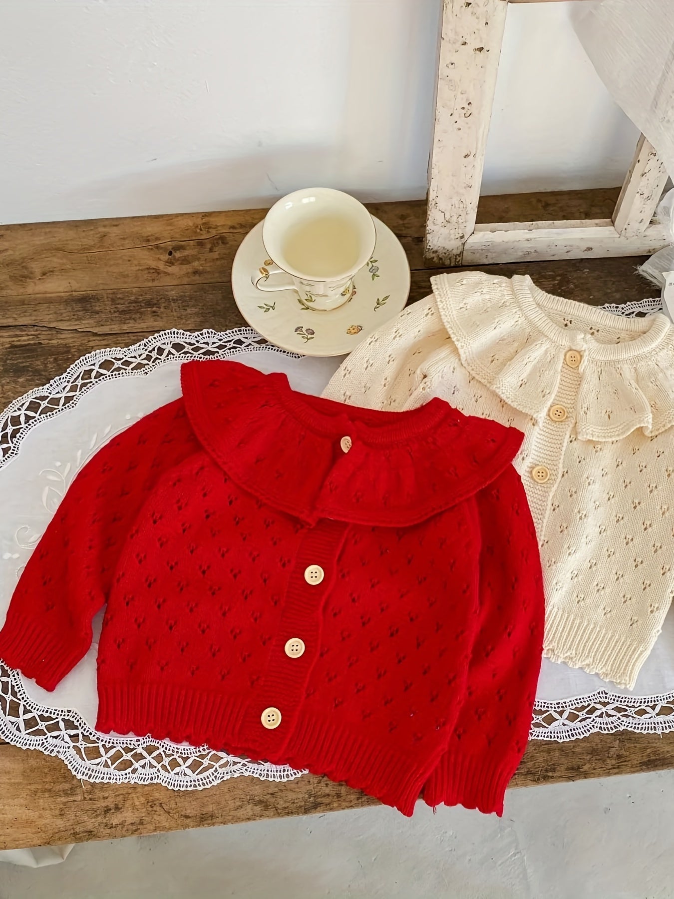 Girls' Jacquard Knit Ruffle Collar Button Long Sleeve Sweater Coat for Fall/Winter Outfits