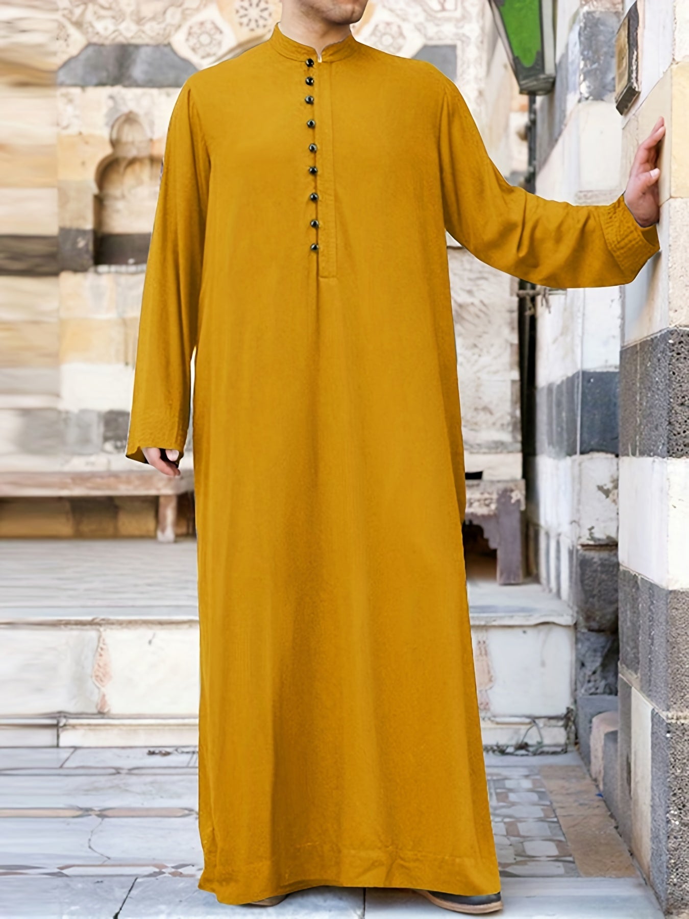 INCERUN Mens Solid Color Long Sleeve Off the Shoulder Thin Thobe Stand Collar Casual Burqa - Polyester Woven Fabric, Regular Fit, Spring Season, Non-Stretch, No Sheer - Perfect for Ramadan, Eid Al-Adha Celebrations