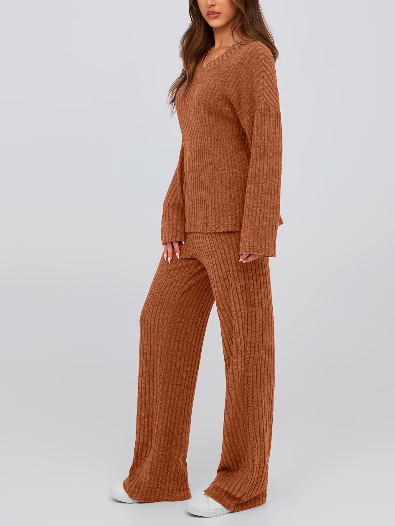 [Ribbed Knit Lounge Sets] 2pcs Ribbed Knit Lounge Sets - Women's Long Sleeve V Neck Pullover Tops Wide Leg Pants for Fall Winter Outfits