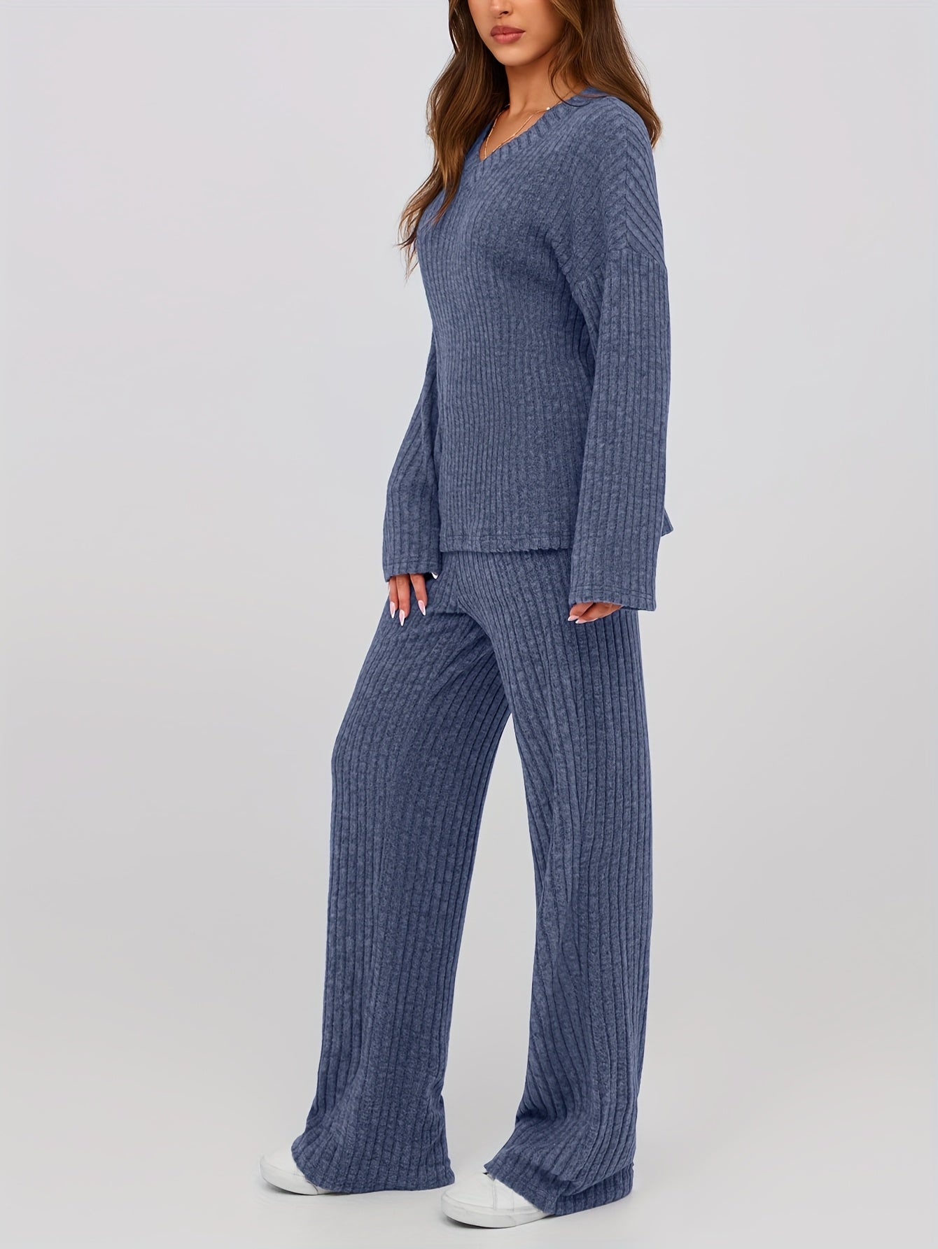 [Ribbed Knit Lounge Sets] 2pcs Ribbed Knit Lounge Sets - Women's Long Sleeve V Neck Pullover Tops Wide Leg Pants for Fall Winter Outfits