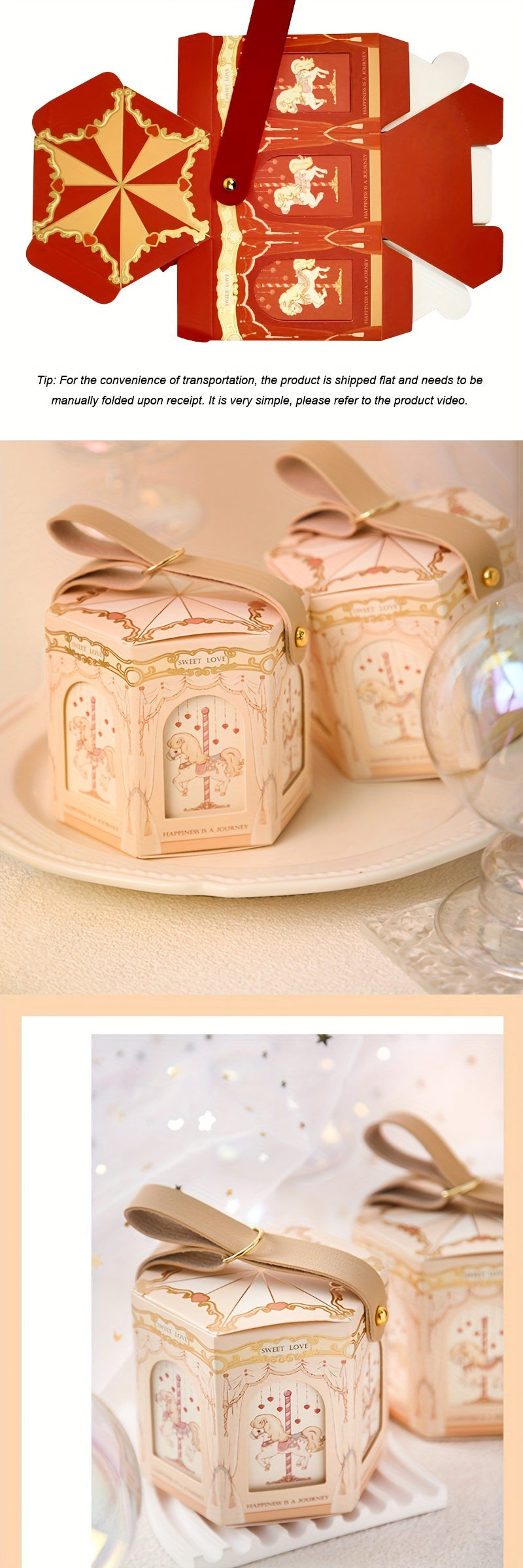 10pcs, Carousel Candy Gift Boxes Packaging Wedding Birthday Party Favor Bags Baby Shower Christmas Present Case Supplies